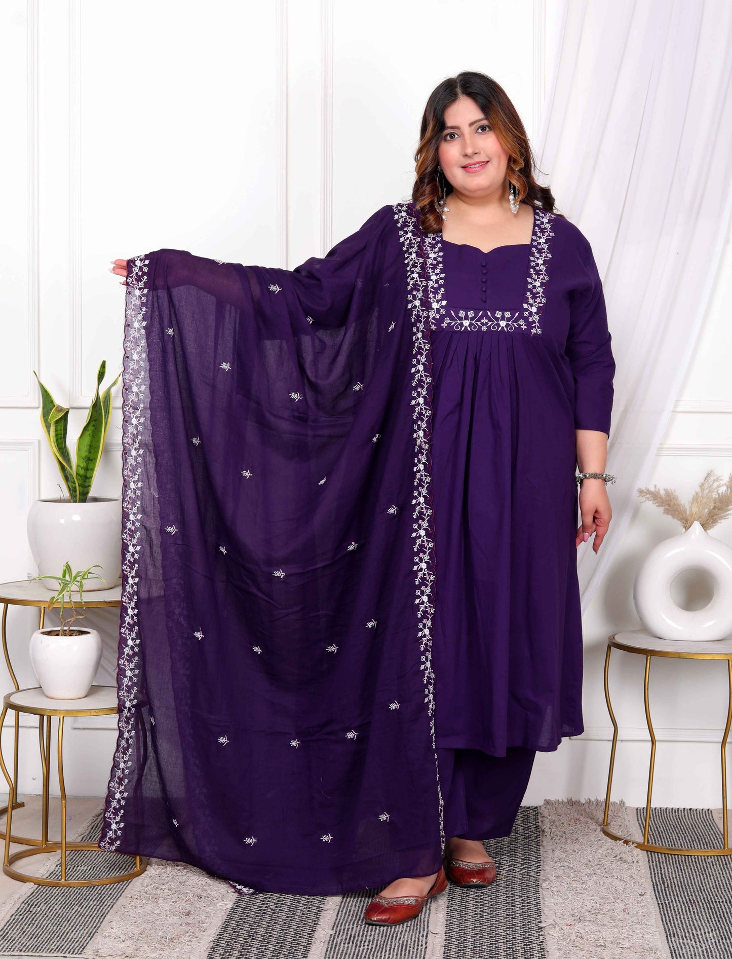 Women's Plus Size Cotton Purple A-Line Kurta With Embroidered Neck And Palazzo With Embroidered Dupatta Set - Miravan
