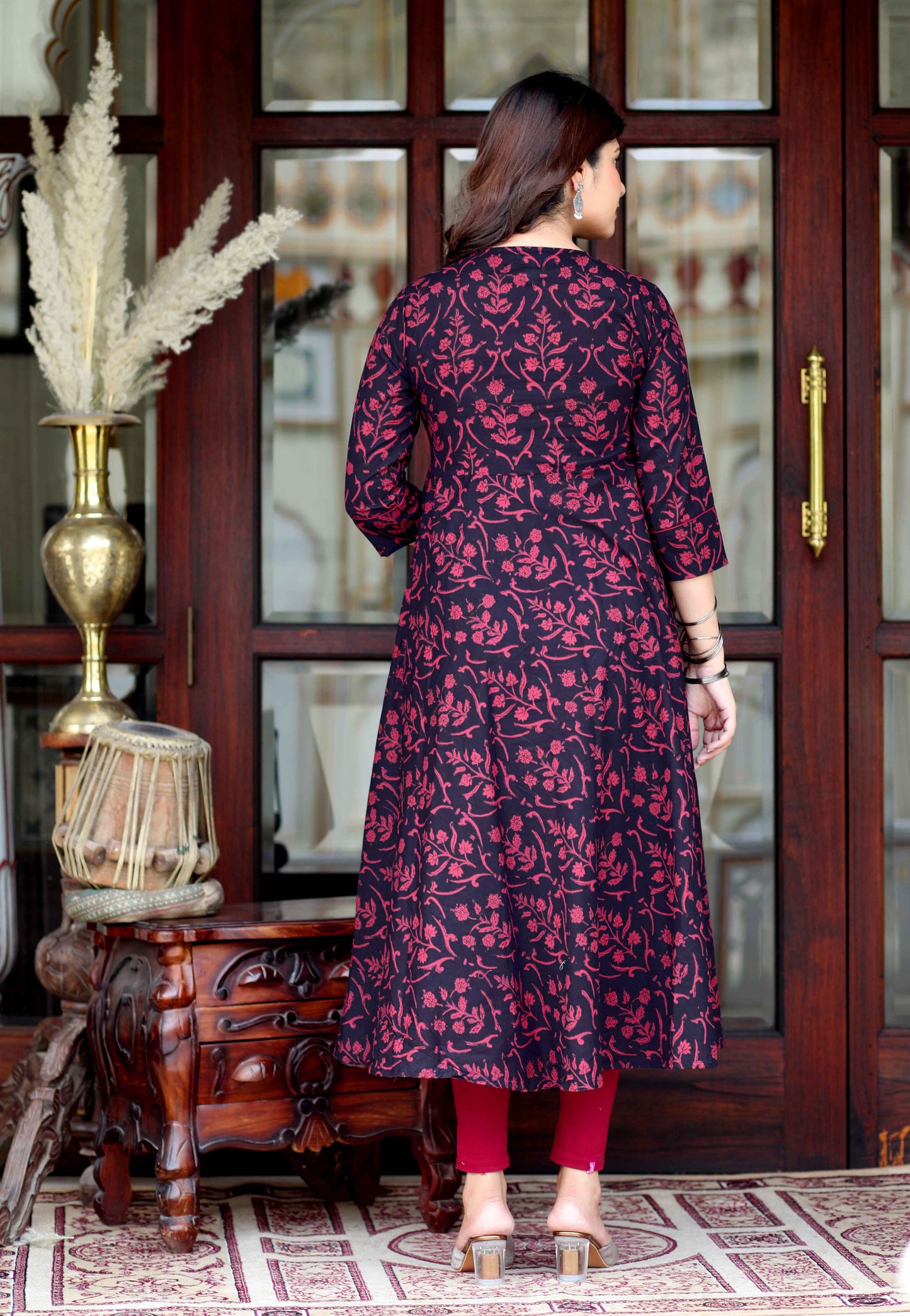 Women's Maroon Pure Cotton Floral Print Anarkali Kurta - Miravan