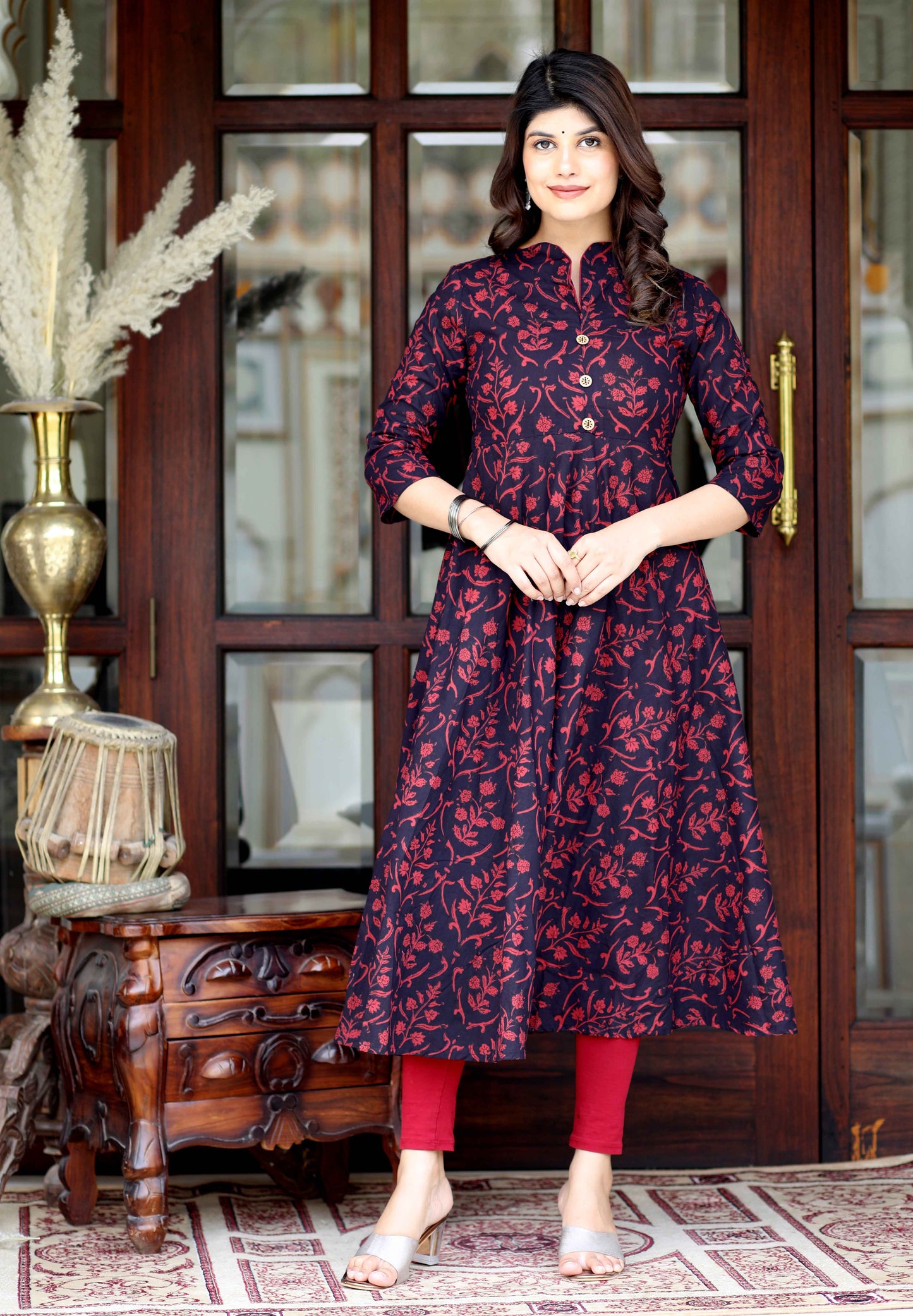 Women's Maroon Pure Cotton Floral Print Anarkali Kurta - Miravan