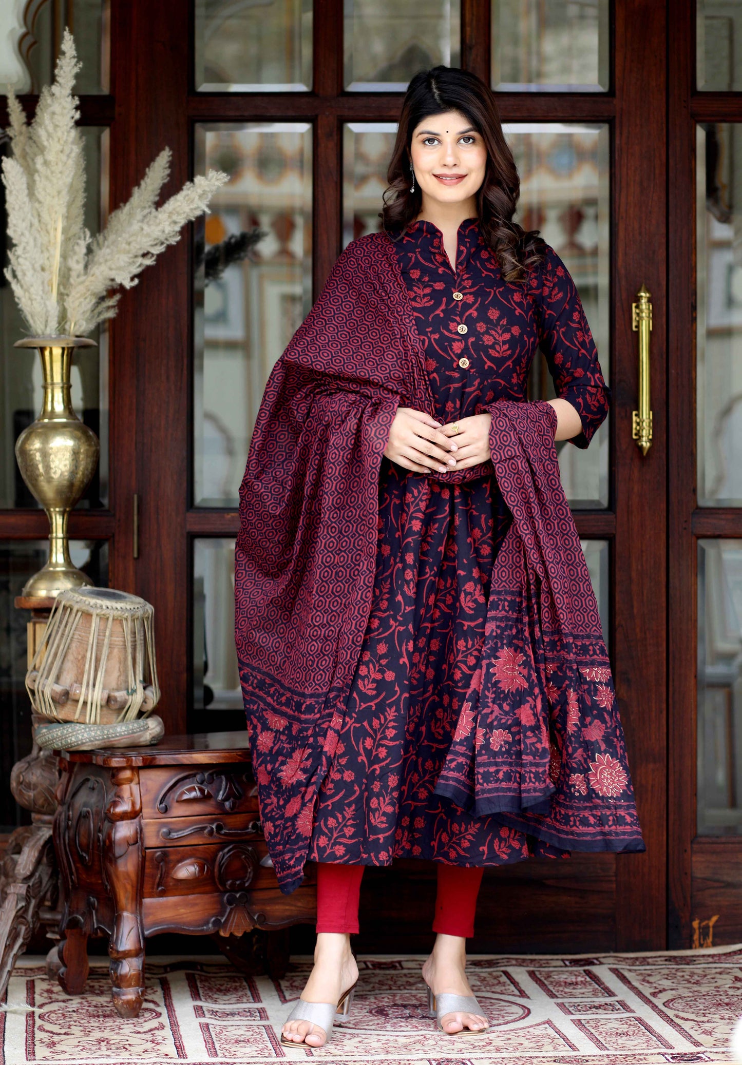 Women's Maroon Pure Floral Printed Anarkali Kurta With Gold Print Dupatta - Miravan