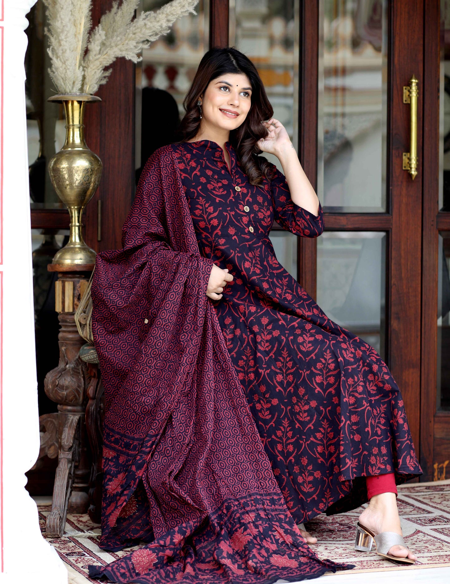 Women's Maroon Pure Floral Printed Anarkali Kurta With Gold Print Dupatta - Miravan