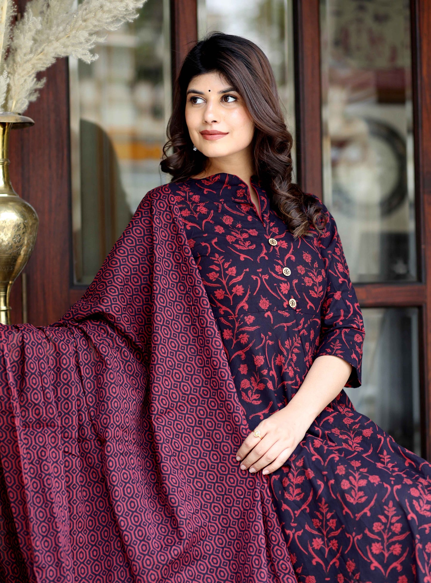 Women's Maroon Pure Floral Printed Anarkali Kurta With Gold Print Dupatta - Miravan