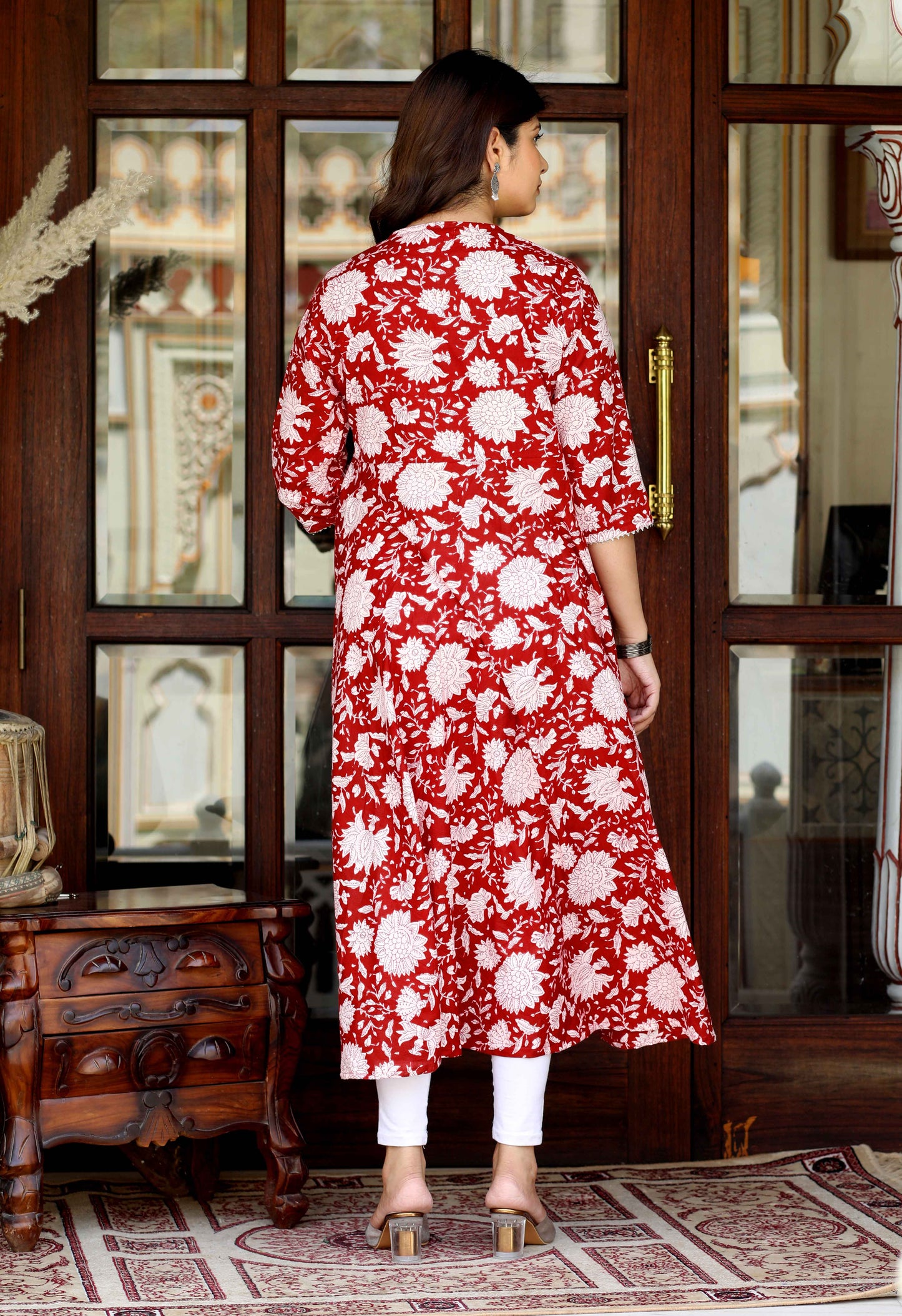 Women's Red Cotton Floral Printed Anarkali Kurta With Dupatta - Miravan