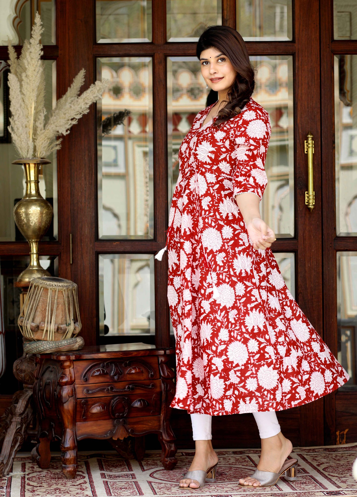 Women's Red Cotton Floral Printed Anarkali Kurta - Miravan