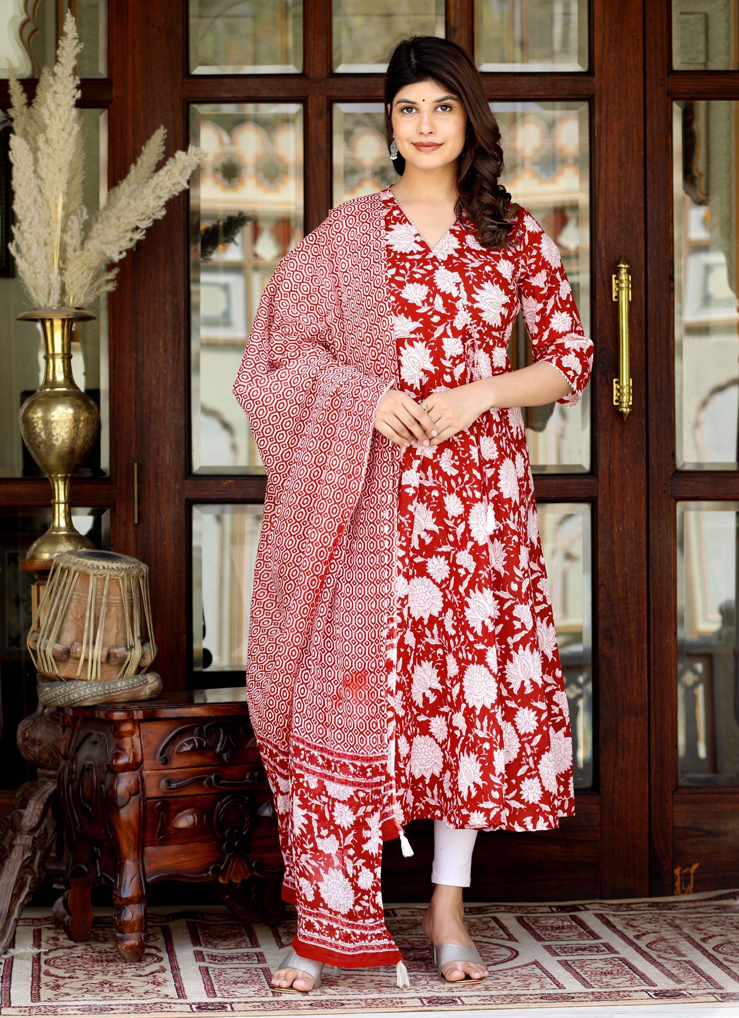 Women's Red Cotton Floral Printed Anarkali Kurta With Dupatta - Miravan