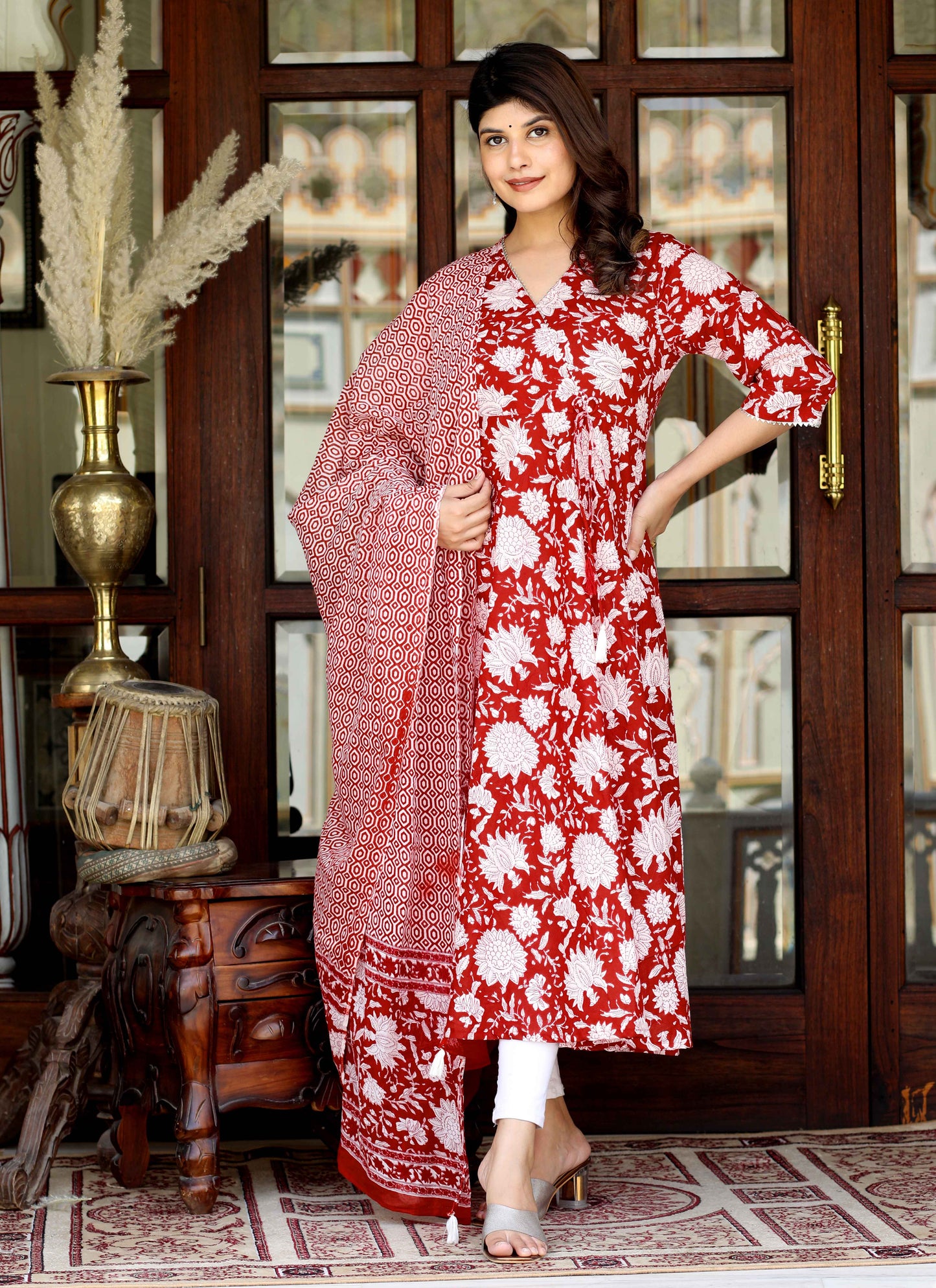 Women's Red Cotton Floral Printed Anarkali Kurta With Dupatta - Miravan