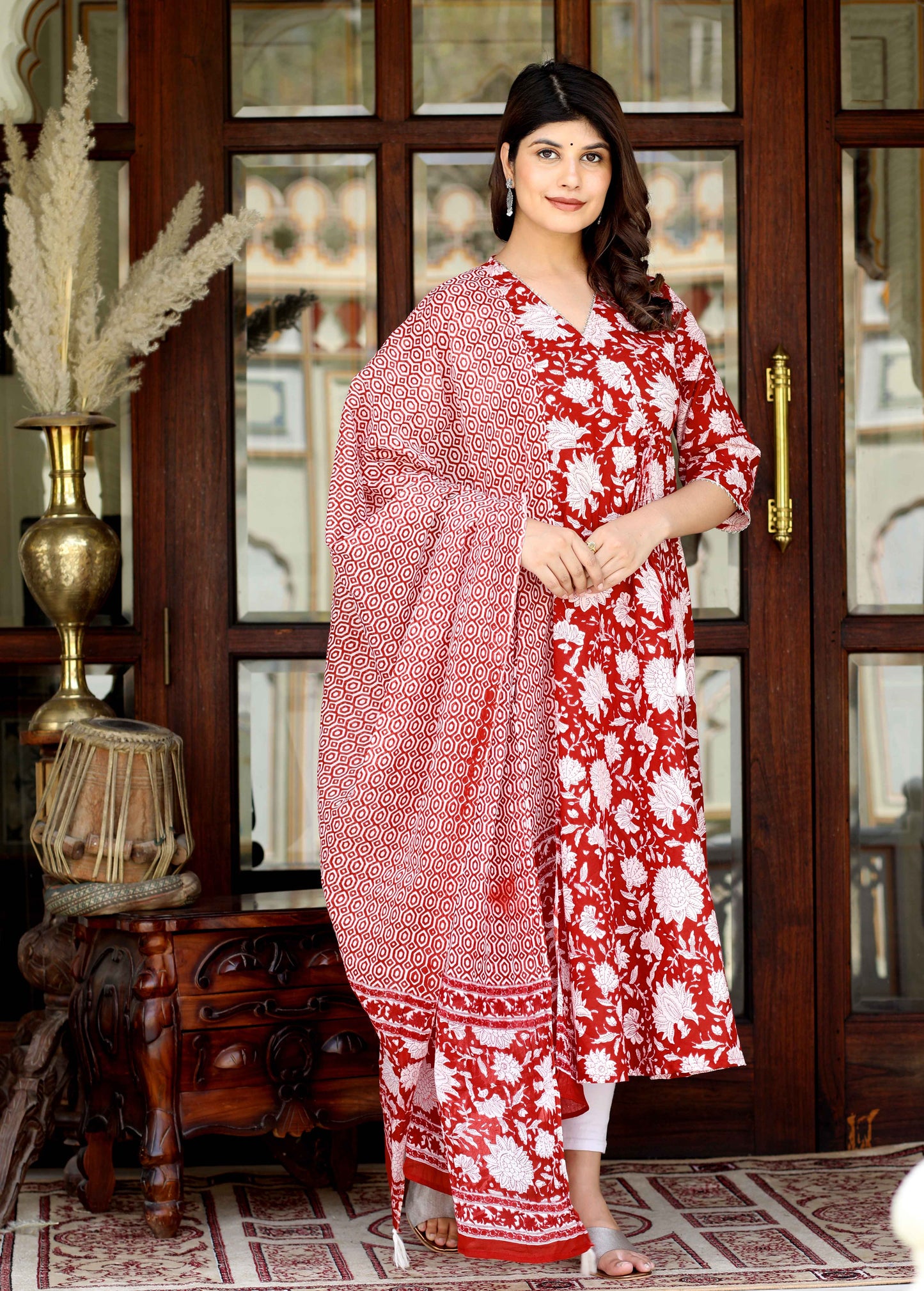 Women's Red Cotton Floral Printed Anarkali Kurta With Dupatta - Miravan