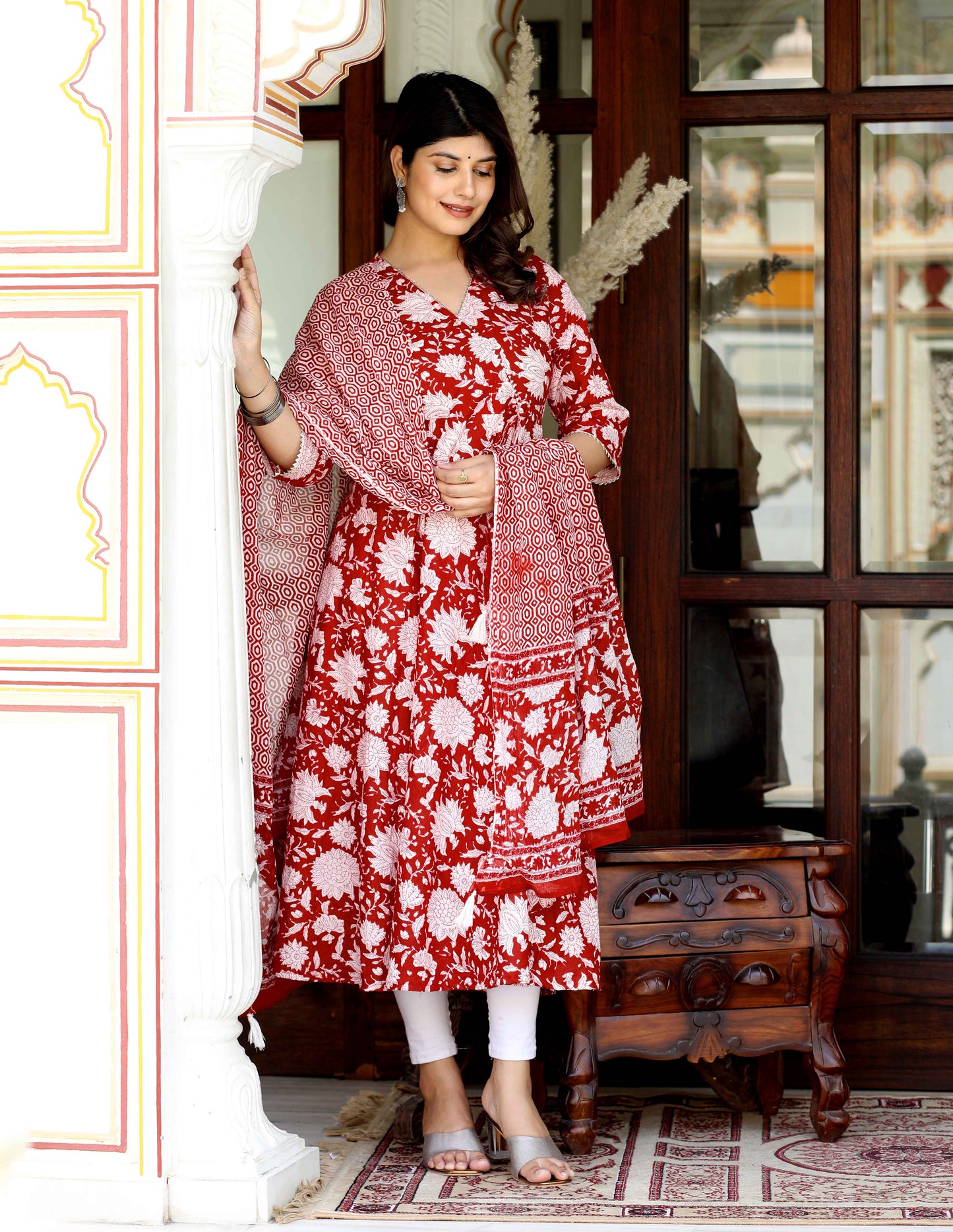 Women's Red Cotton Floral Printed Anarkali Kurta With Dupatta - Miravan