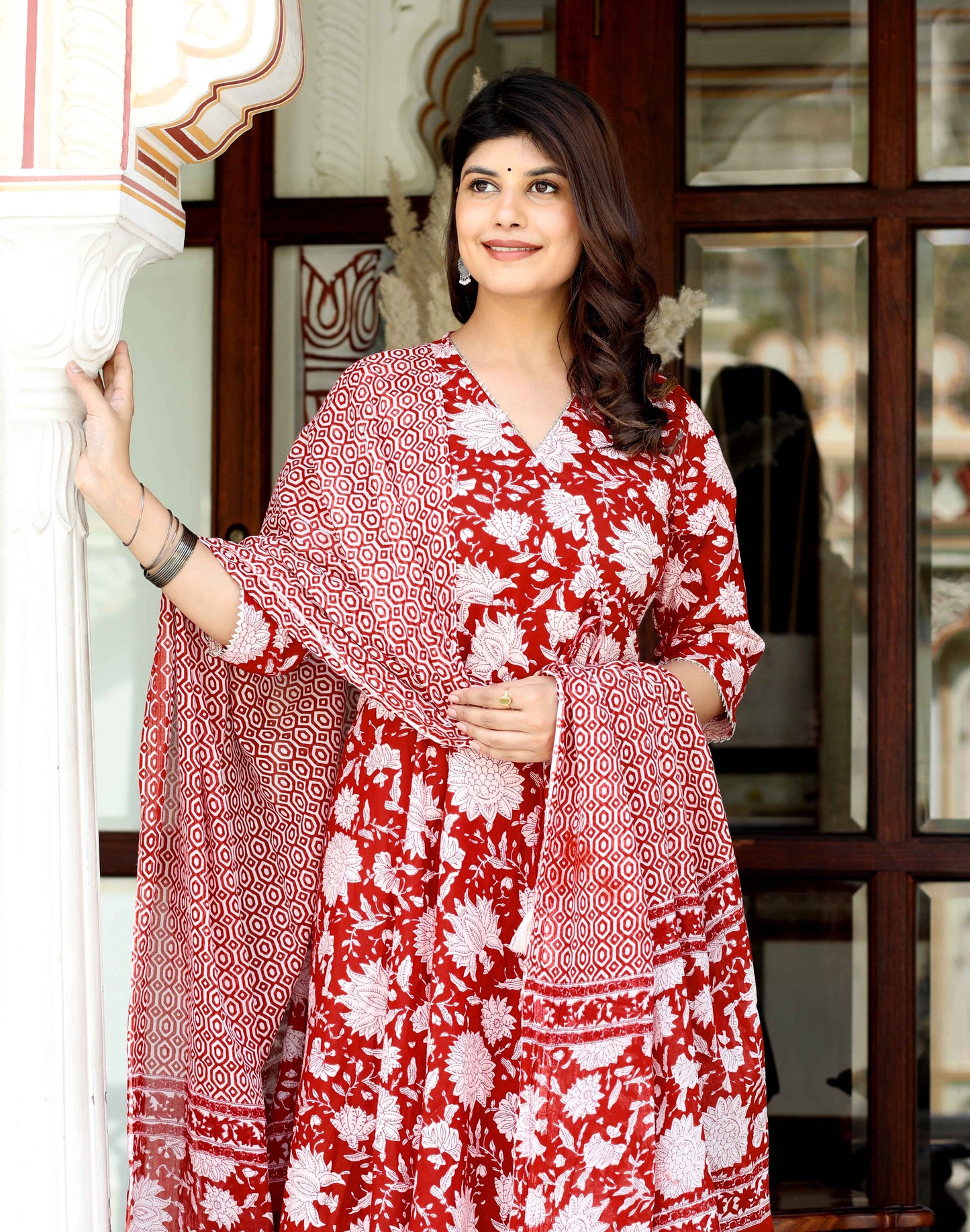 Women's Red Cotton Floral Printed Anarkali Kurta With Dupatta - Miravan