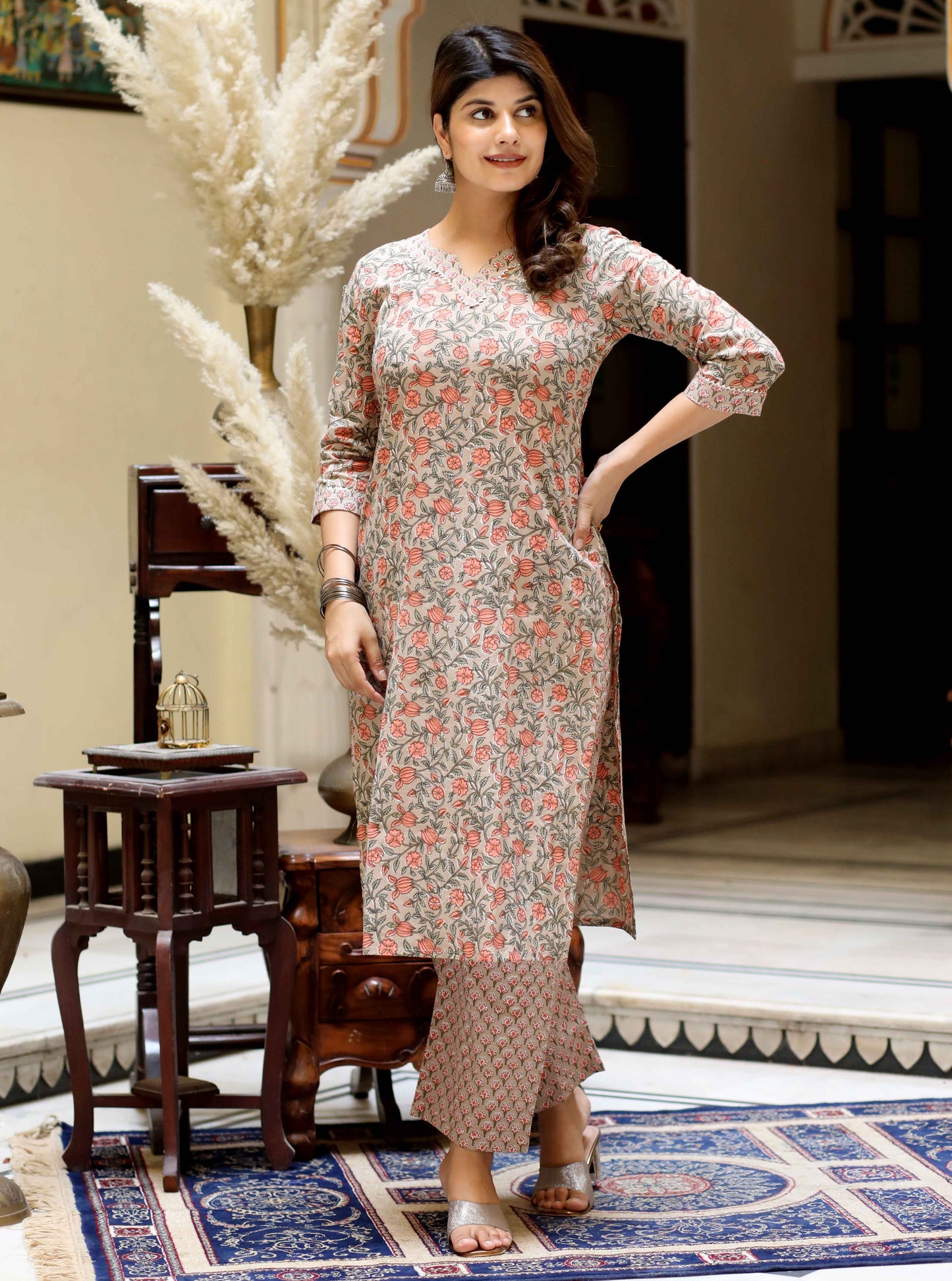 Women's Brown Pure Cotton Printed Straight Kurta And Palazzo - Miravan