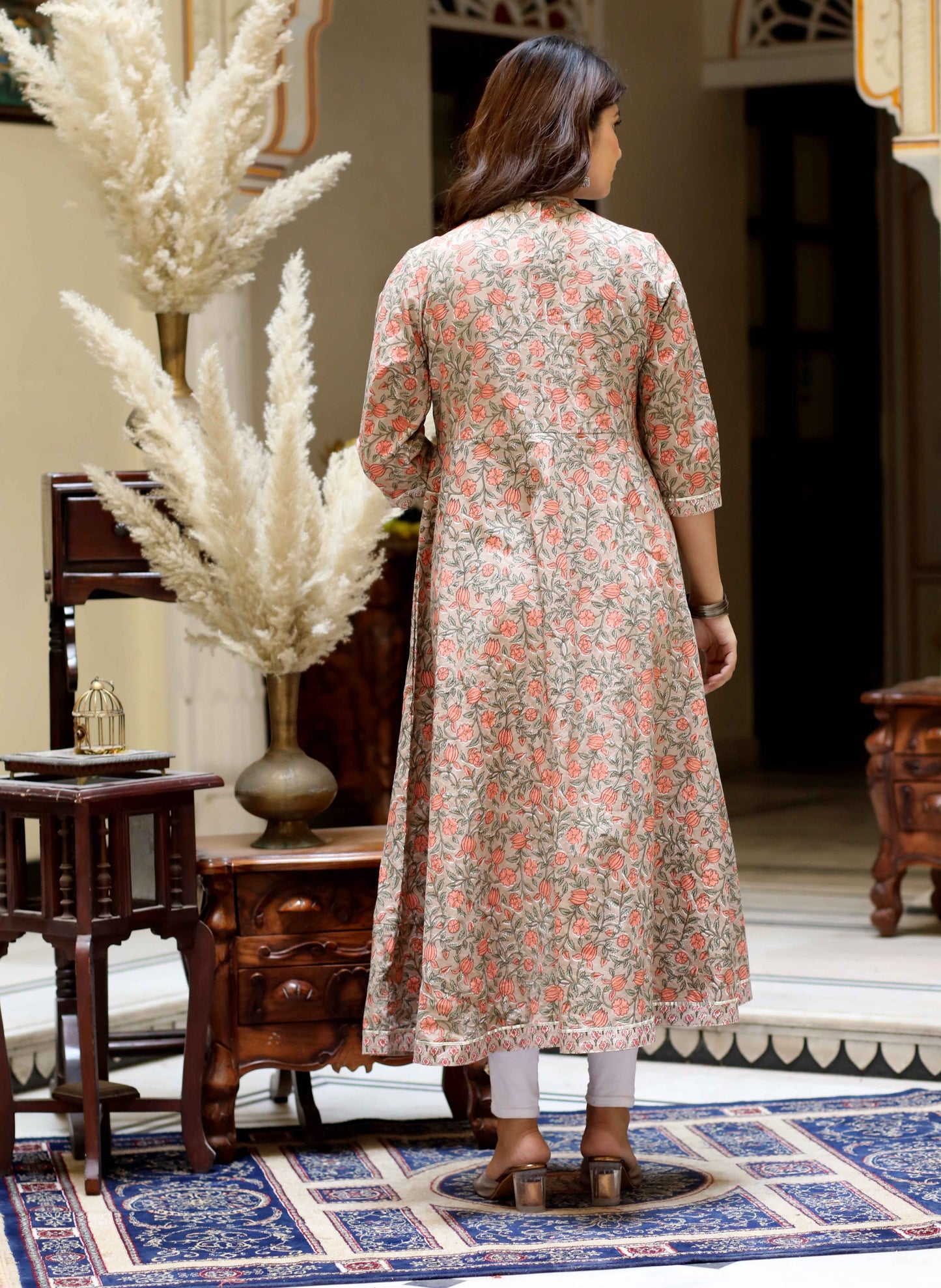 Women's Beige Cotton Floral Printed Anarkali Kurta - Miravan