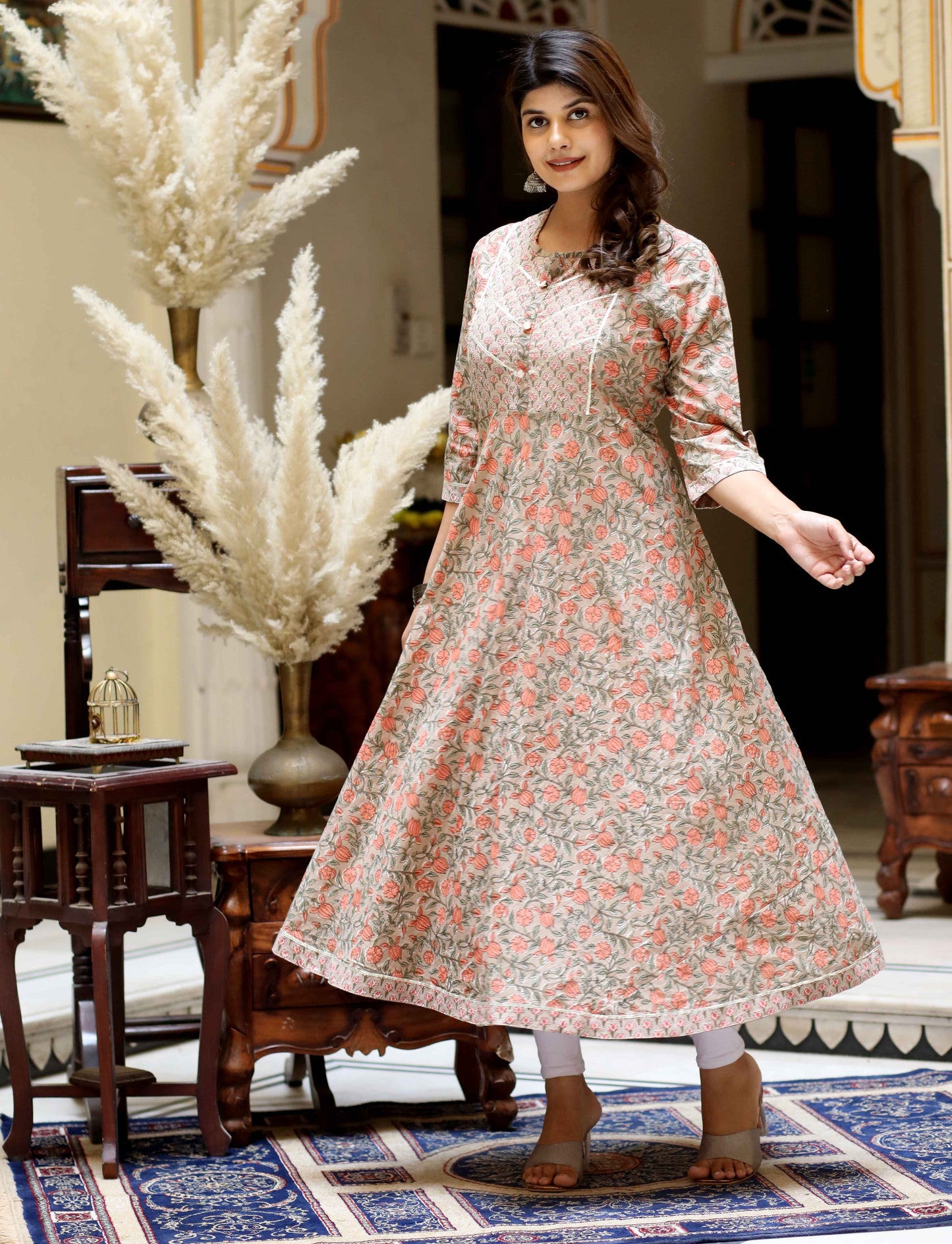 Women's Beige Cotton Floral Printed Anarkali Kurta - Miravan