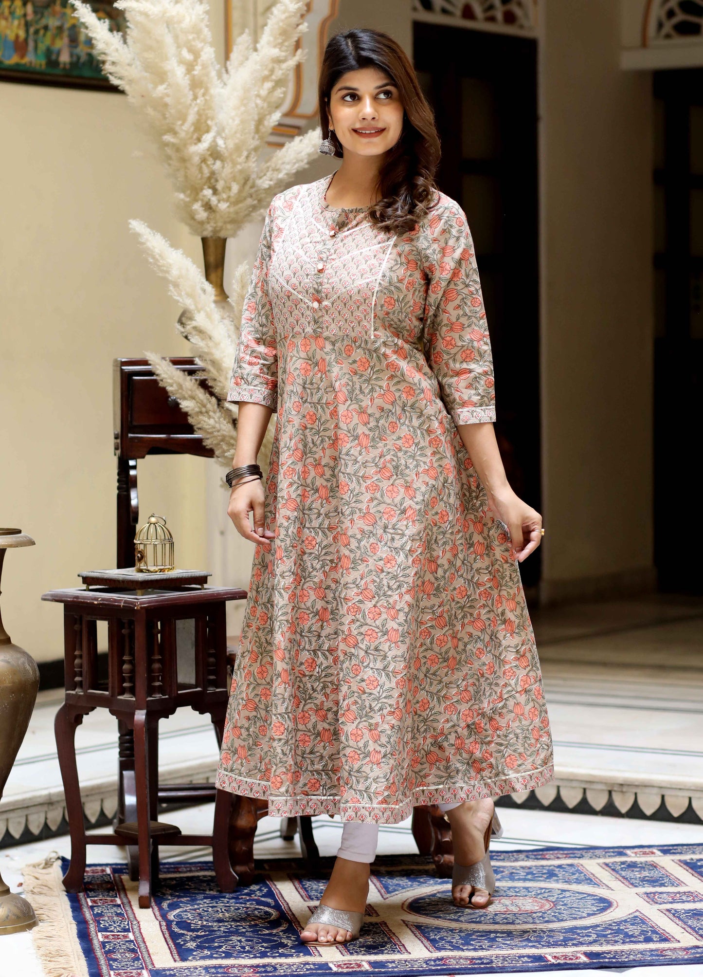 Women's Beige Cotton Floral Printed Anarkali Kurta - Miravan