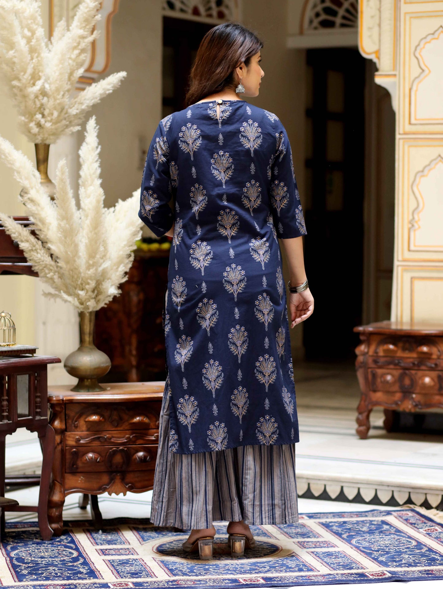 Women's Blue & Grey Printed Pure Cotton Kurta With Sharara - Miravan