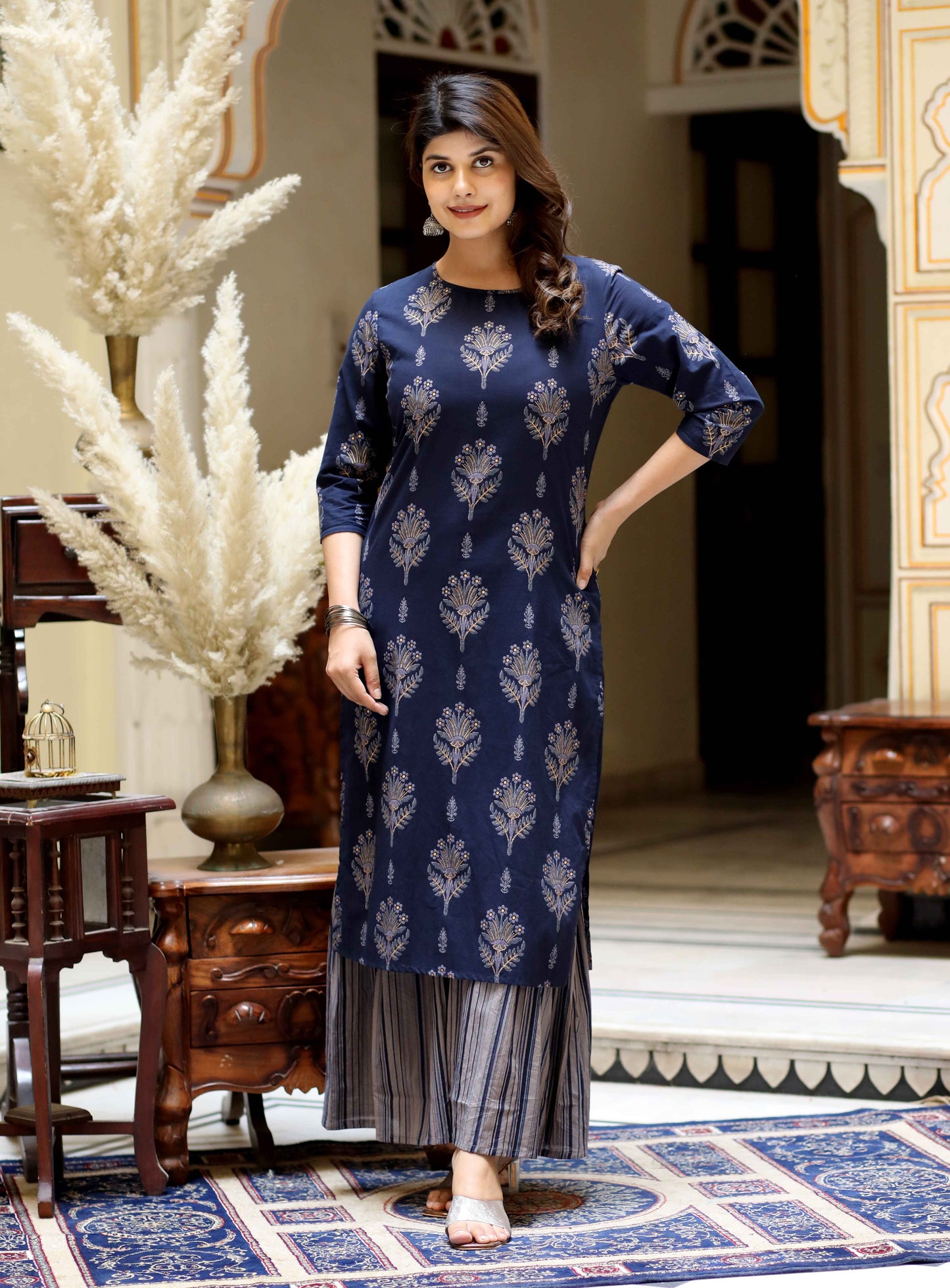 Women's Blue & Grey Printed Pure Cotton Kurta With Sharara - Miravan