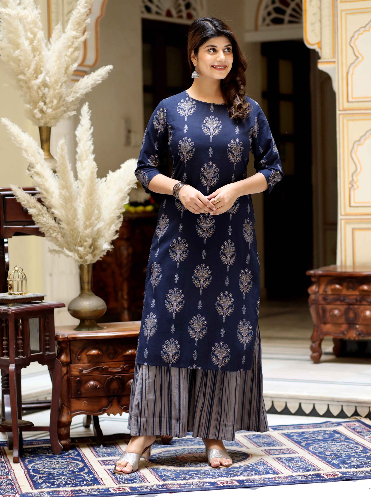 Women's Blue & Grey Printed Pure Cotton Kurta With Sharara - Miravan