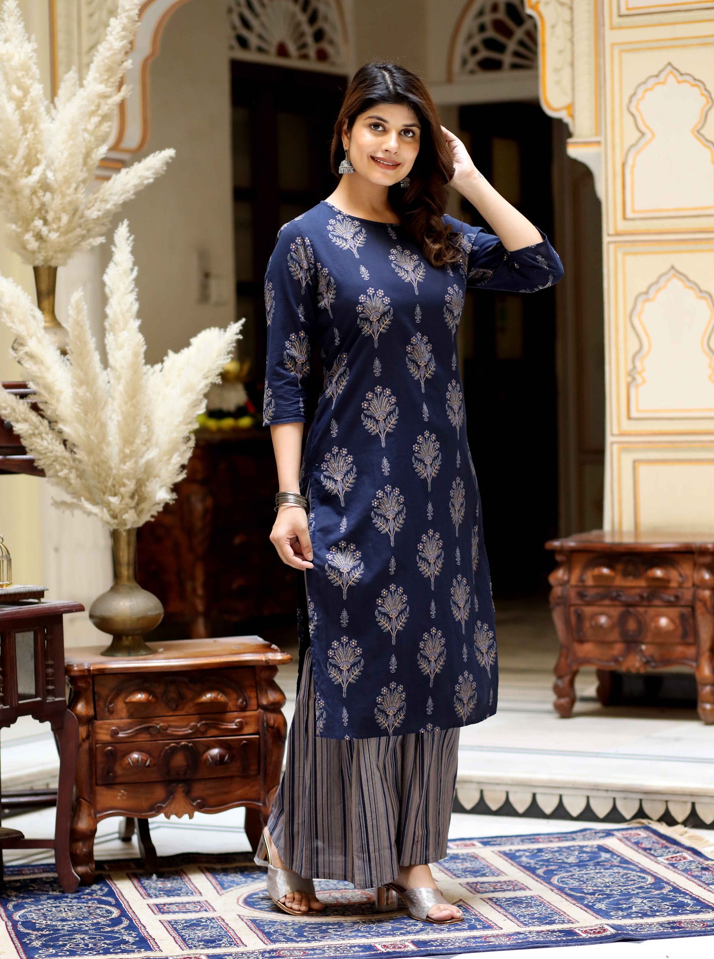 Women's Blue & Grey Printed Pure Cotton Kurta With Sharara - Miravan