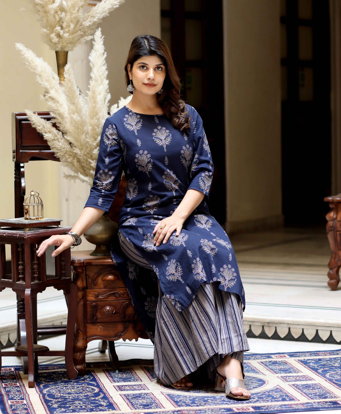 Women's Blue & Grey Printed Pure Cotton Kurta With Sharara - Miravan