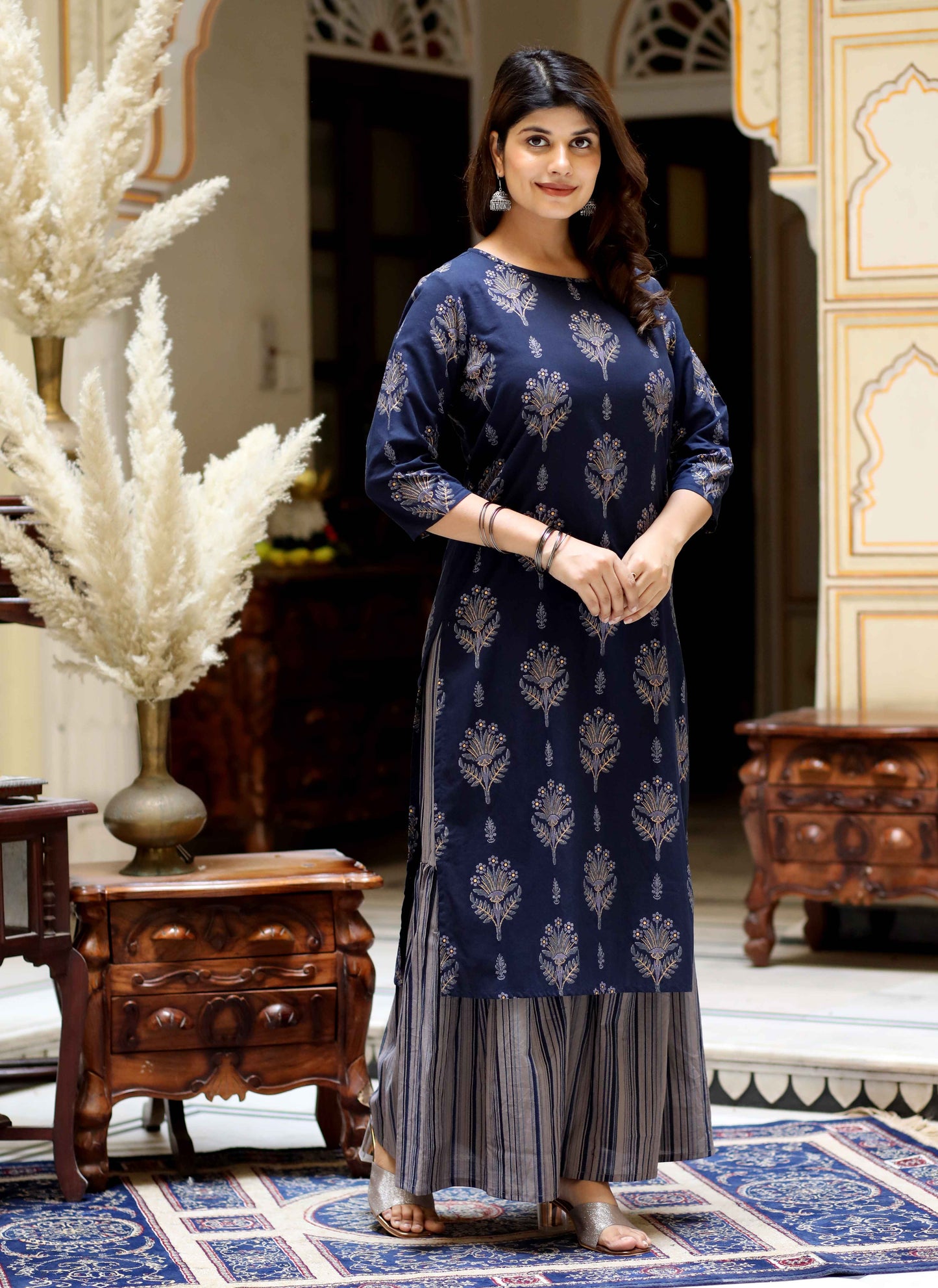 Women's Blue & Grey Printed Pure Cotton Kurta With Sharara - Miravan