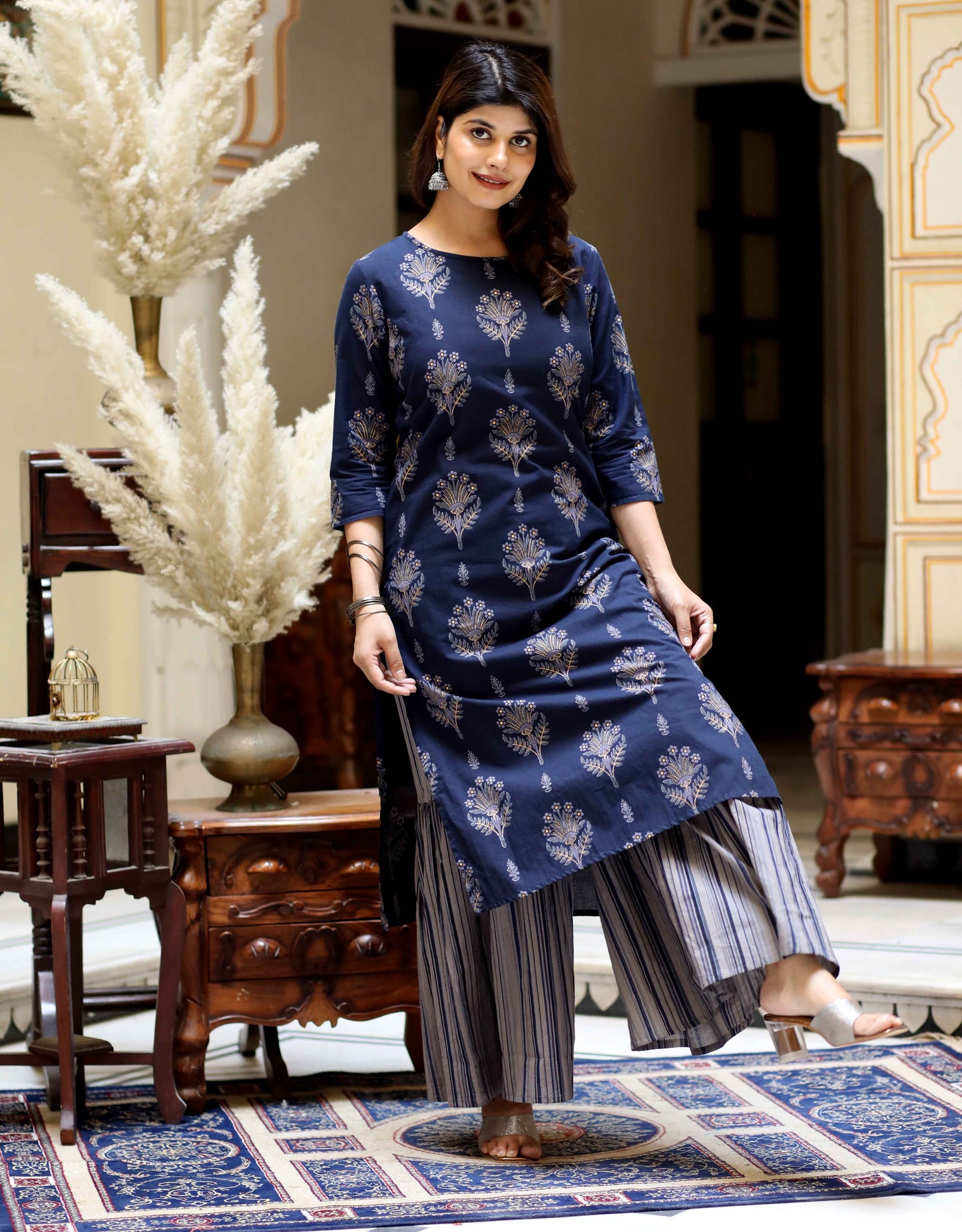Women's Blue & Grey Printed Pure Cotton Kurta With Sharara - Miravan