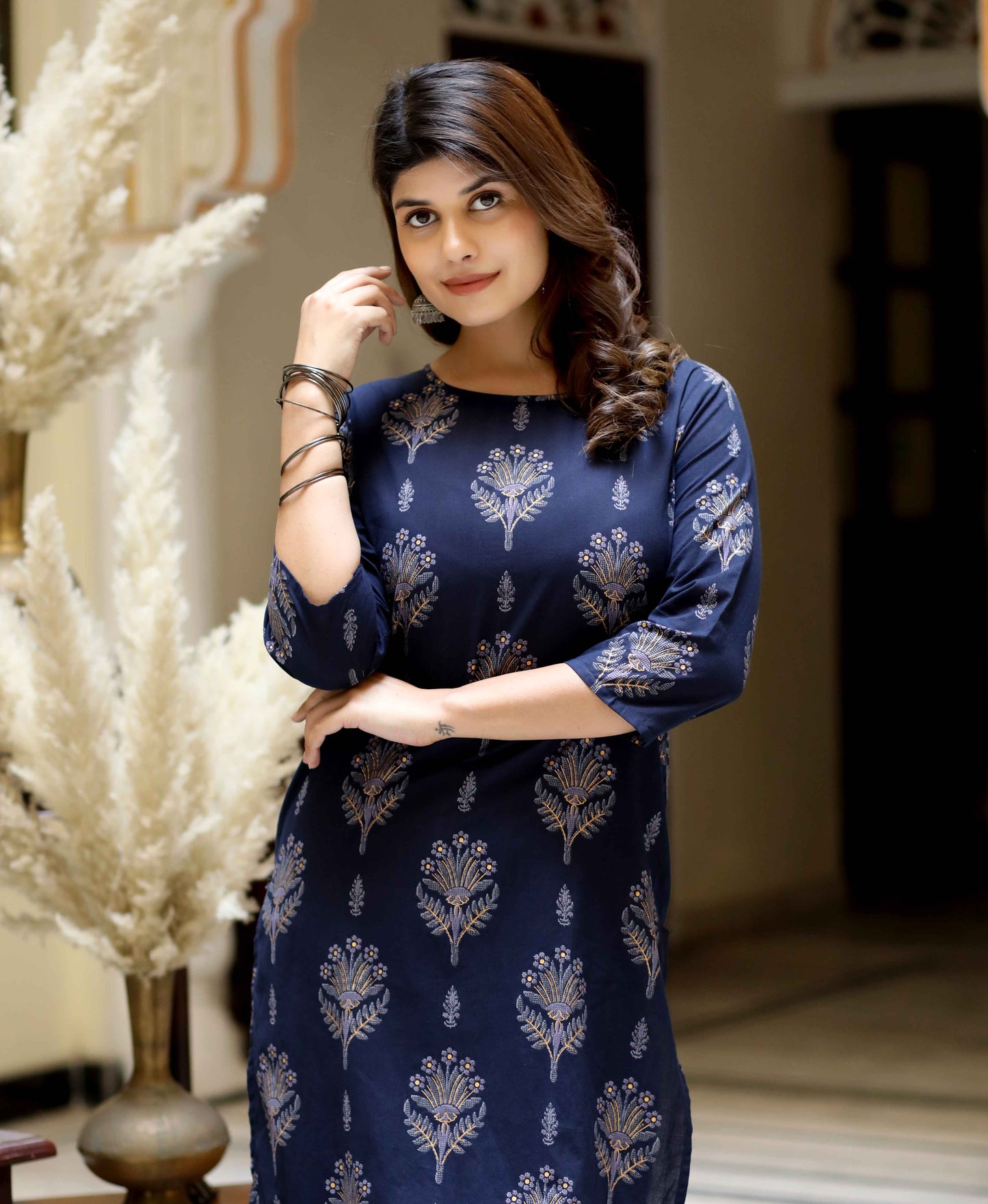 Women's Blue & Grey Printed Pure Cotton Kurta With Sharara - Miravan