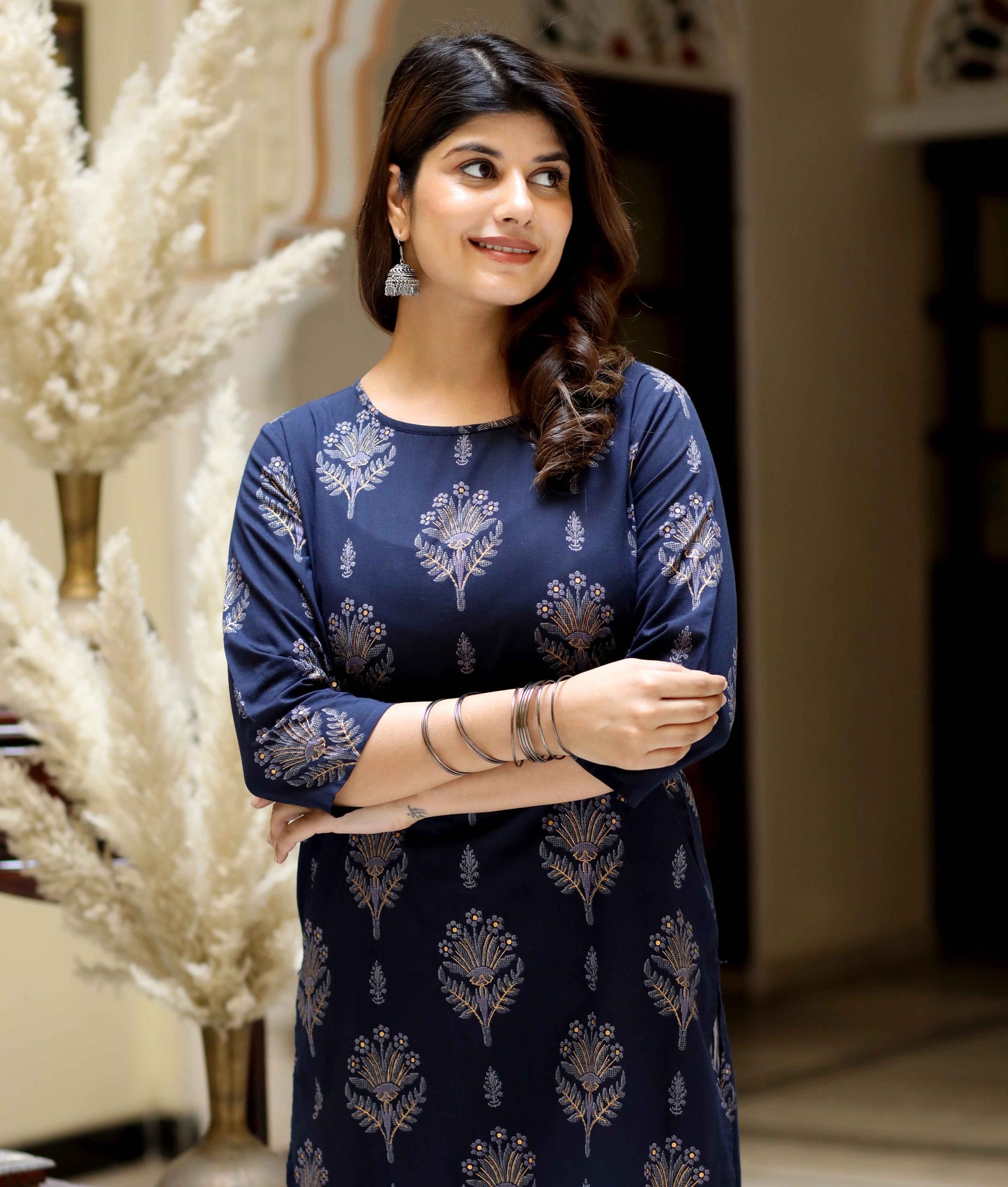 Women's Blue & Grey Printed Pure Cotton Kurta With Sharara - Miravan