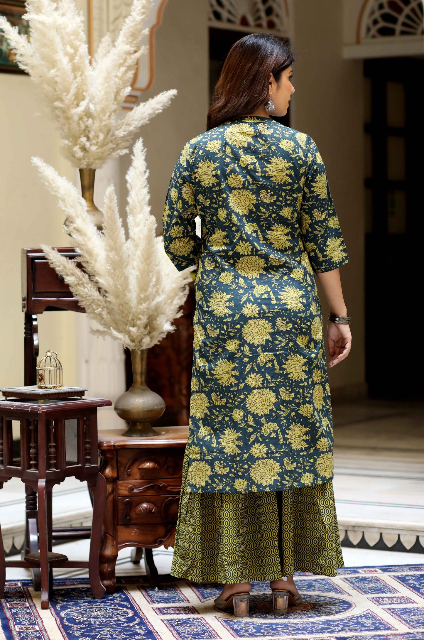 Women's Green Cotton Floral Straight Kurta & Sharara With Dupatta Set - Miravan