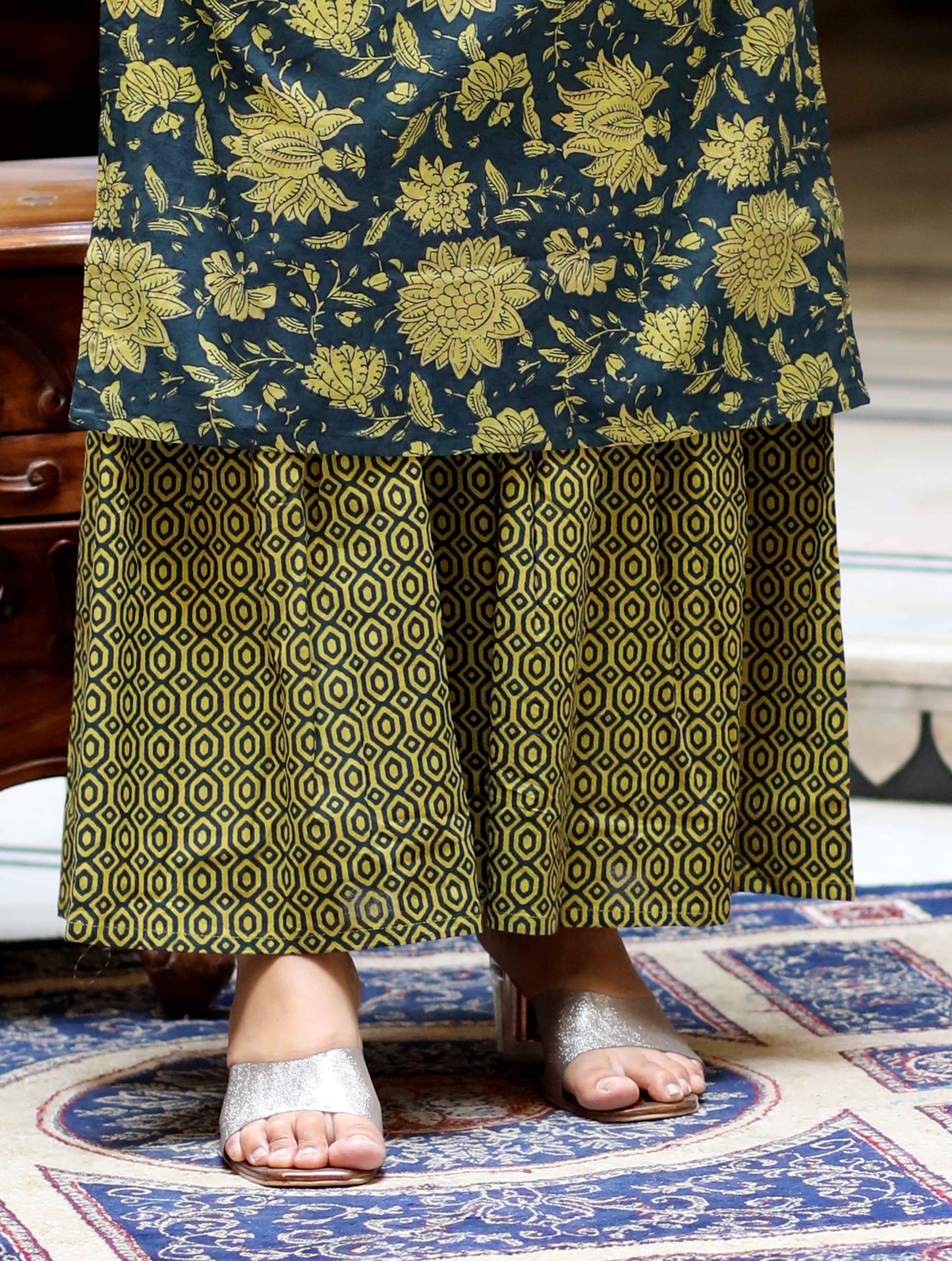 Women's Green & Yellow Floral Printed Pure Cotton Kurta With Sharara - Miravan