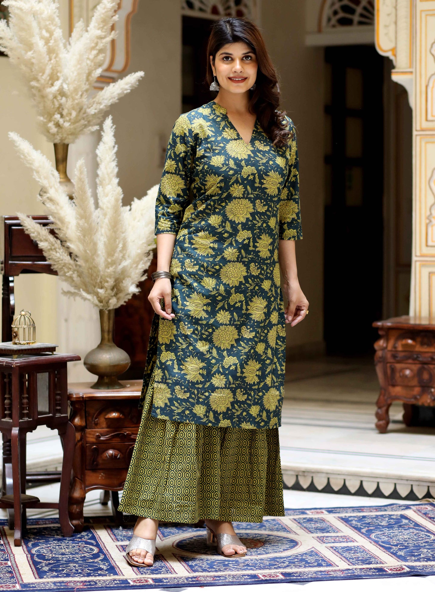 Women's Green & Yellow Floral Printed Pure Cotton Kurta With Sharara - Miravan