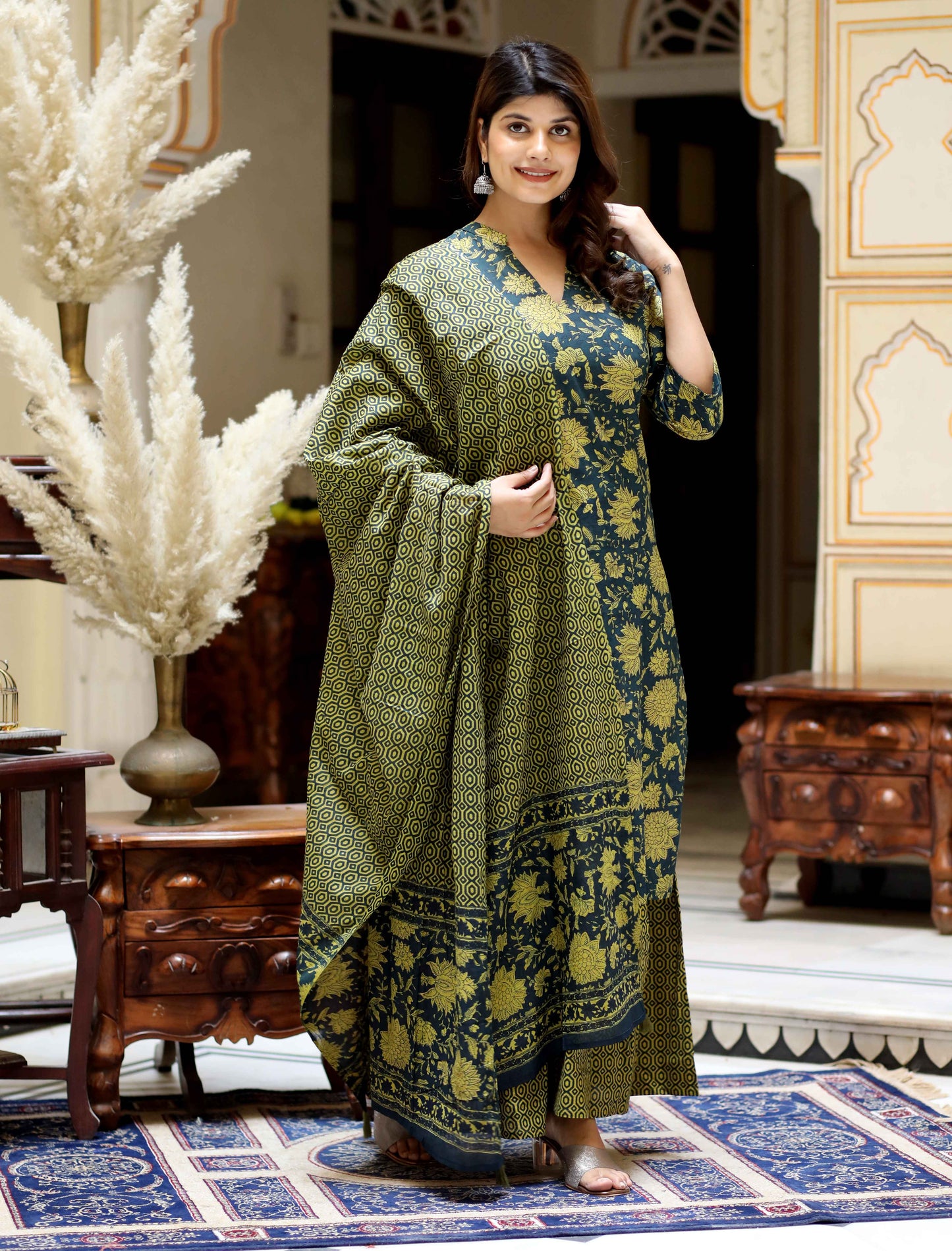 Women's Green Cotton Floral Straight Kurta & Sharara With Dupatta Set - Miravan