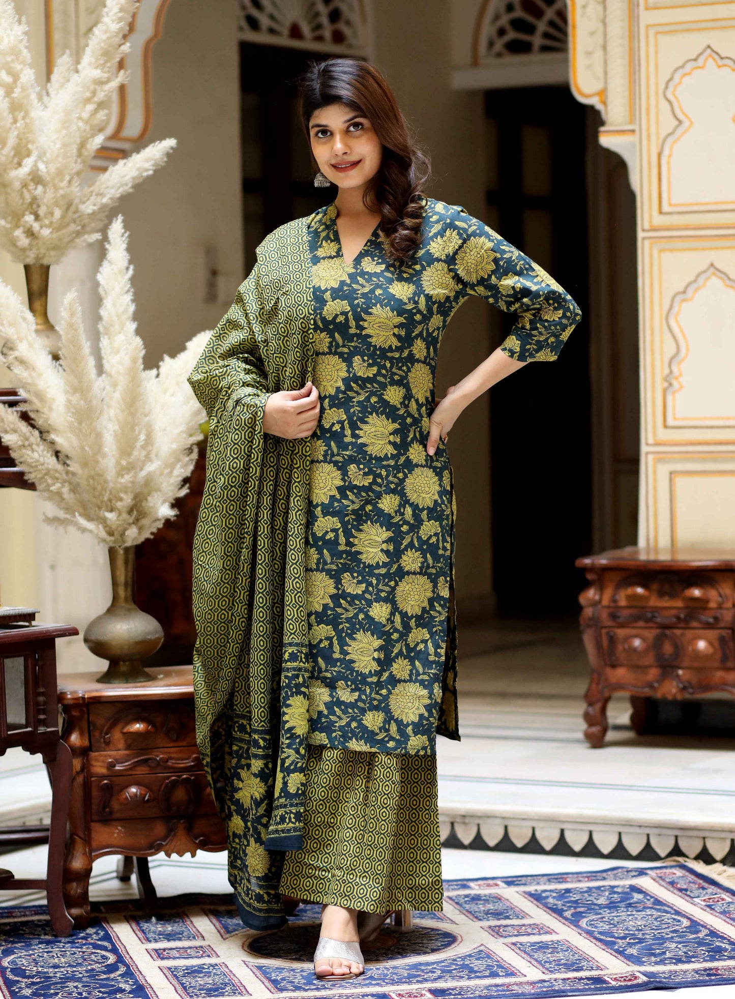 Women's Green Cotton Floral Straight Kurta & Sharara With Dupatta Set - Miravan