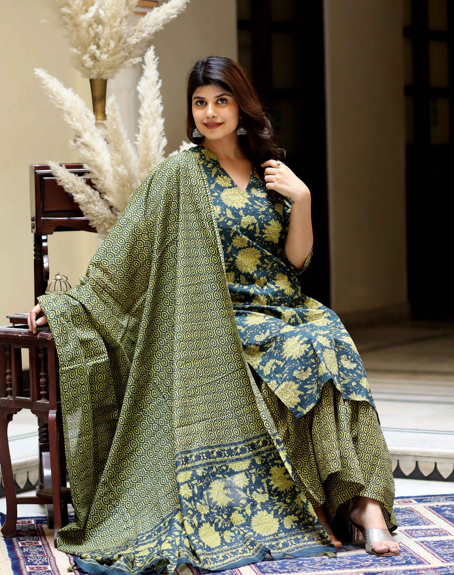 Women's Green Cotton Floral Straight Kurta & Sharara With Dupatta Set - Miravan