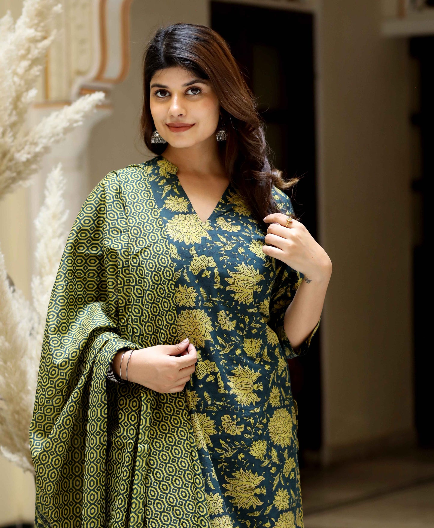 Women's Green Cotton Floral Straight Kurta & Sharara With Dupatta Set - Miravan