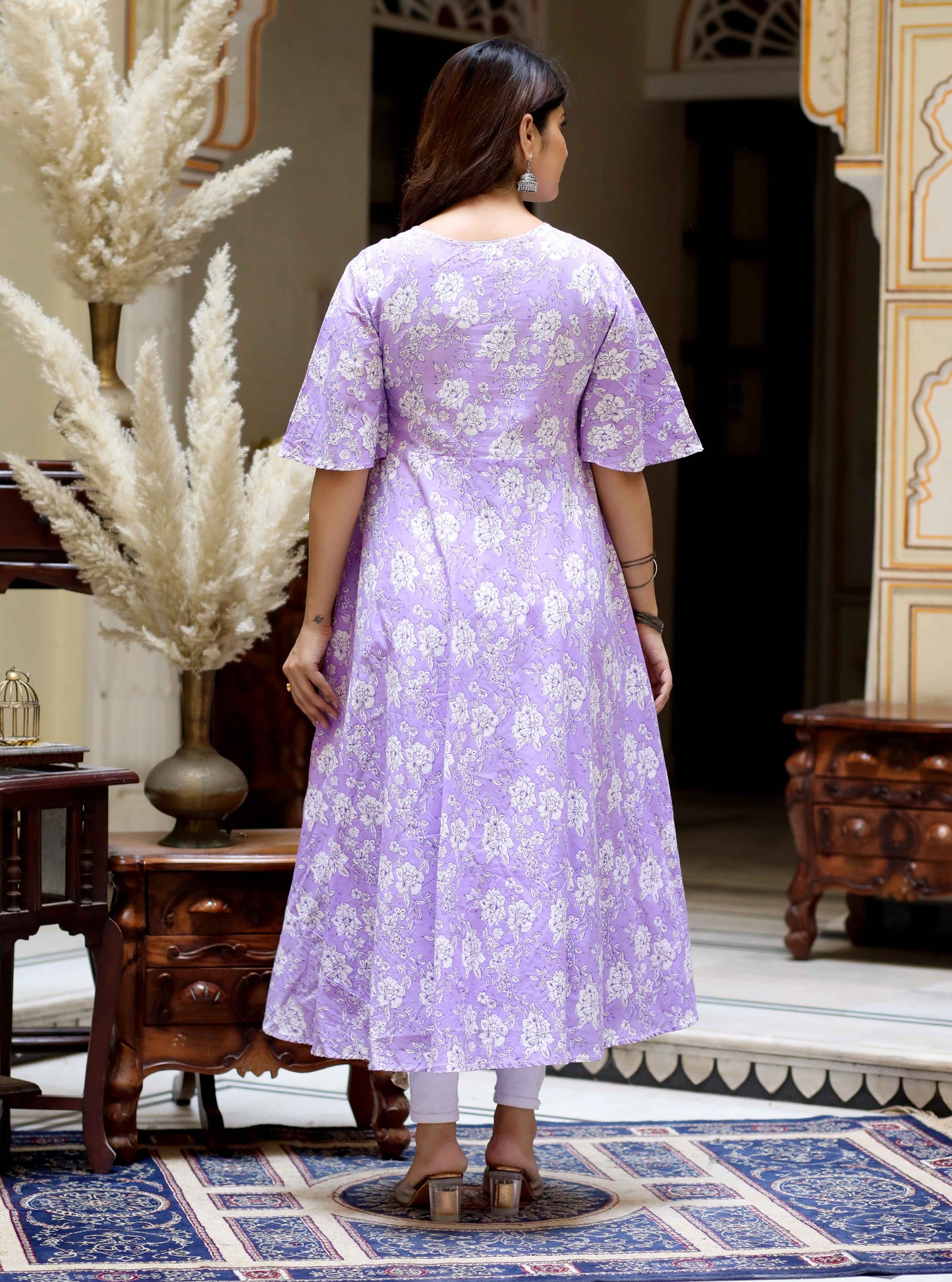 Women's Levender Floral Printed Anarkali Kurta - Miravan