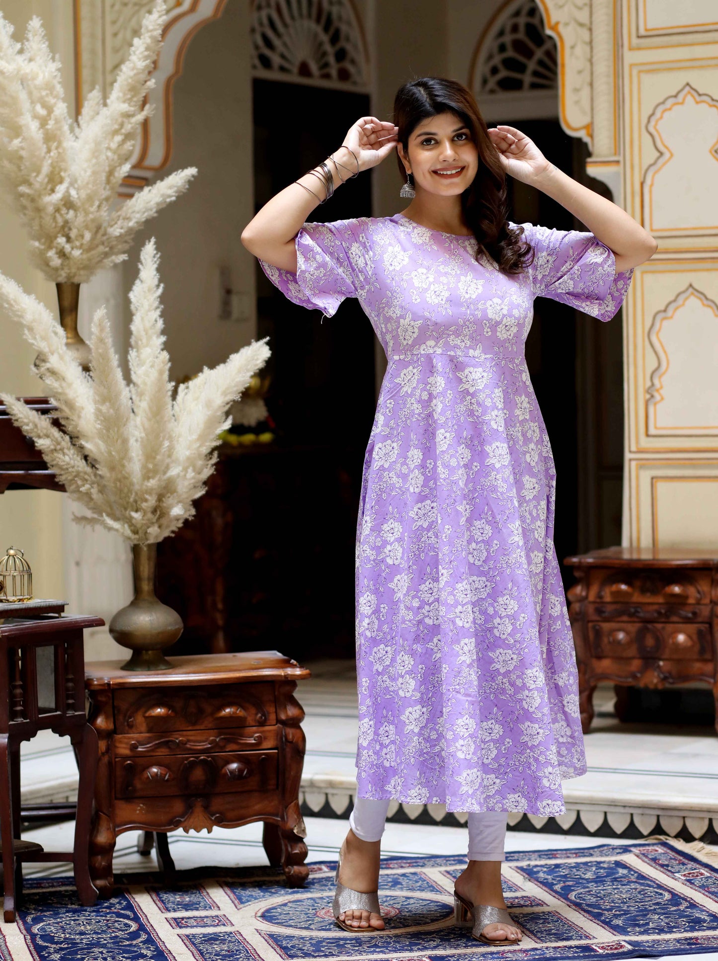 Women's Levender Floral Printed Anarkali Kurta - Miravan
