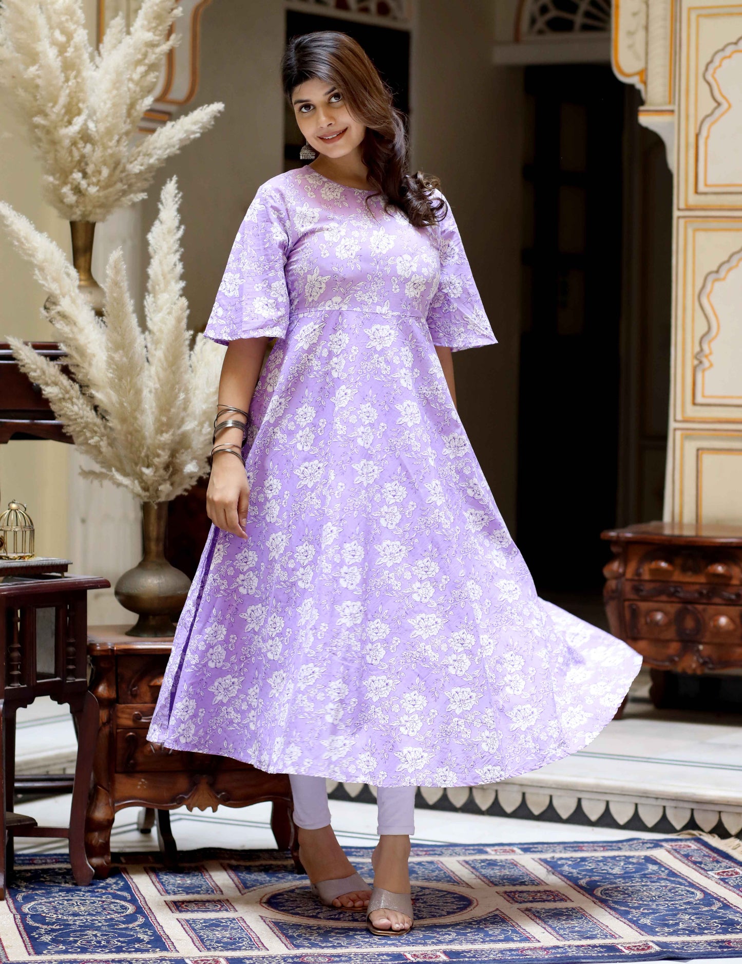 Women's Levender Floral Printed Anarkali Kurta - Miravan