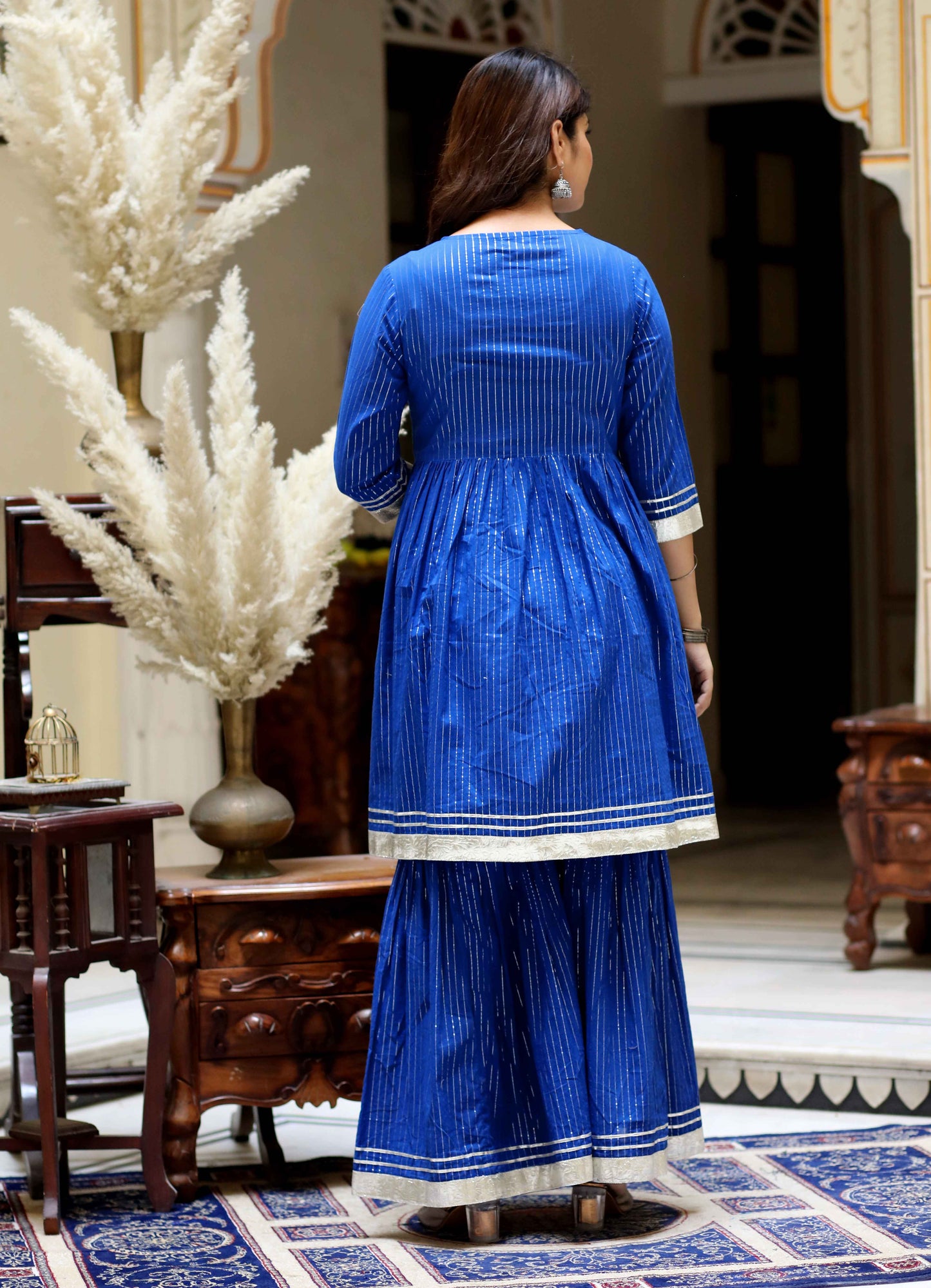 Women's Blue Printed Lurex Cotton A-Line Kurti With Sharara - Miravan