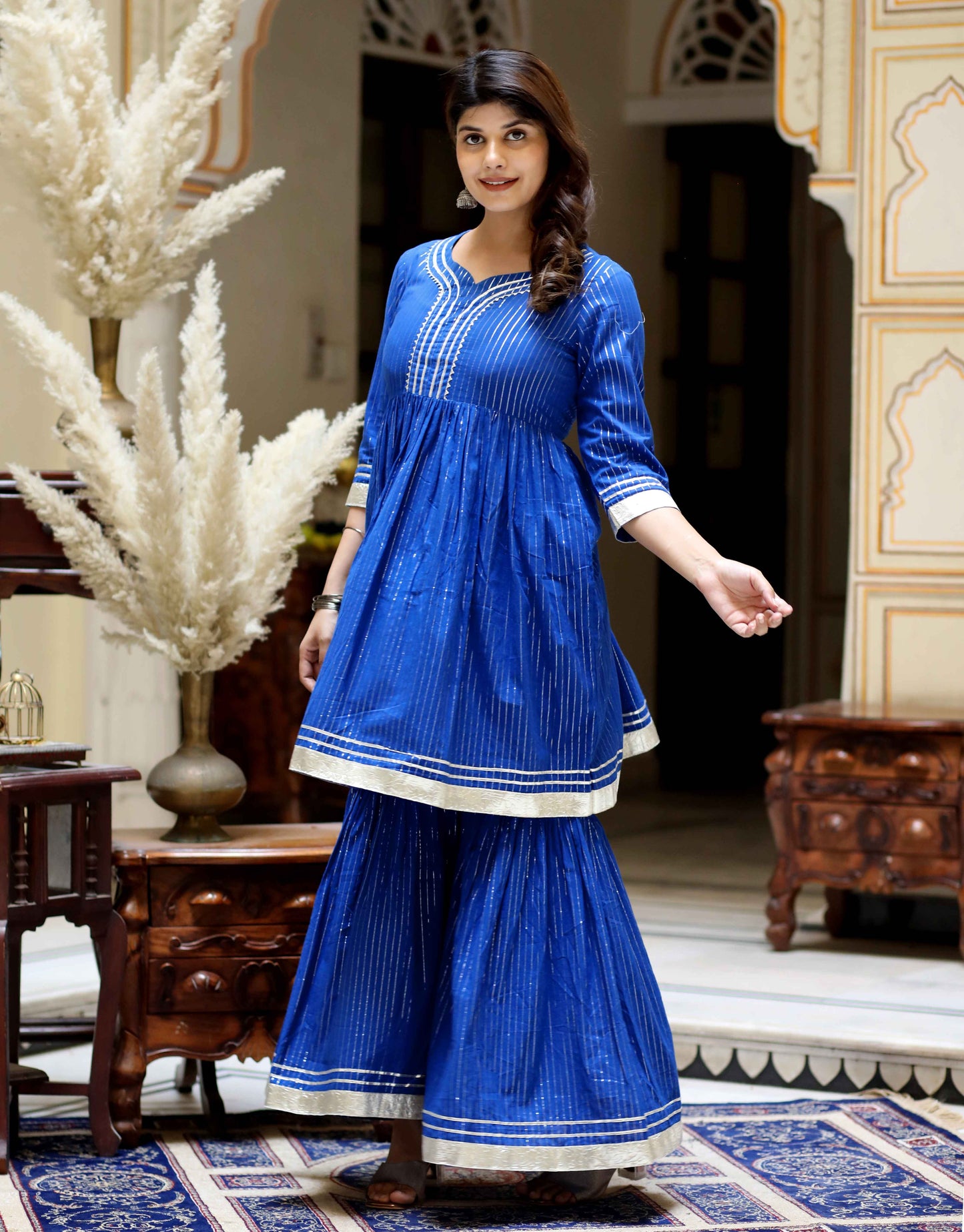 Women's Blue Printed Lurex Cotton A-Line Kurti With Sharara - Miravan