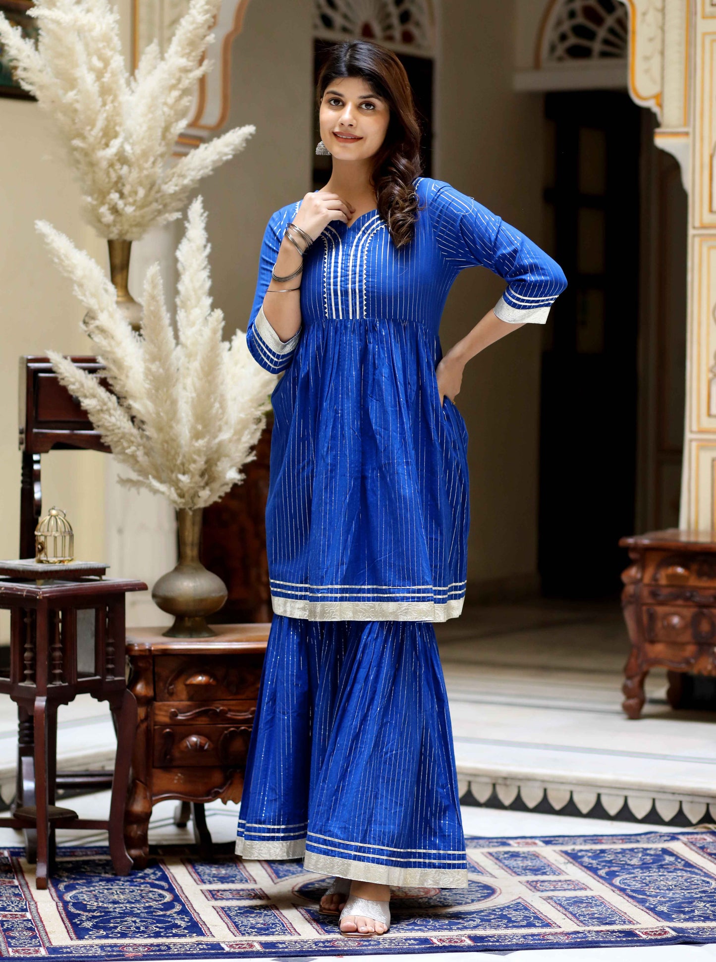 Women's Blue Printed Lurex Cotton A-Line Kurti With Sharara - Miravan
