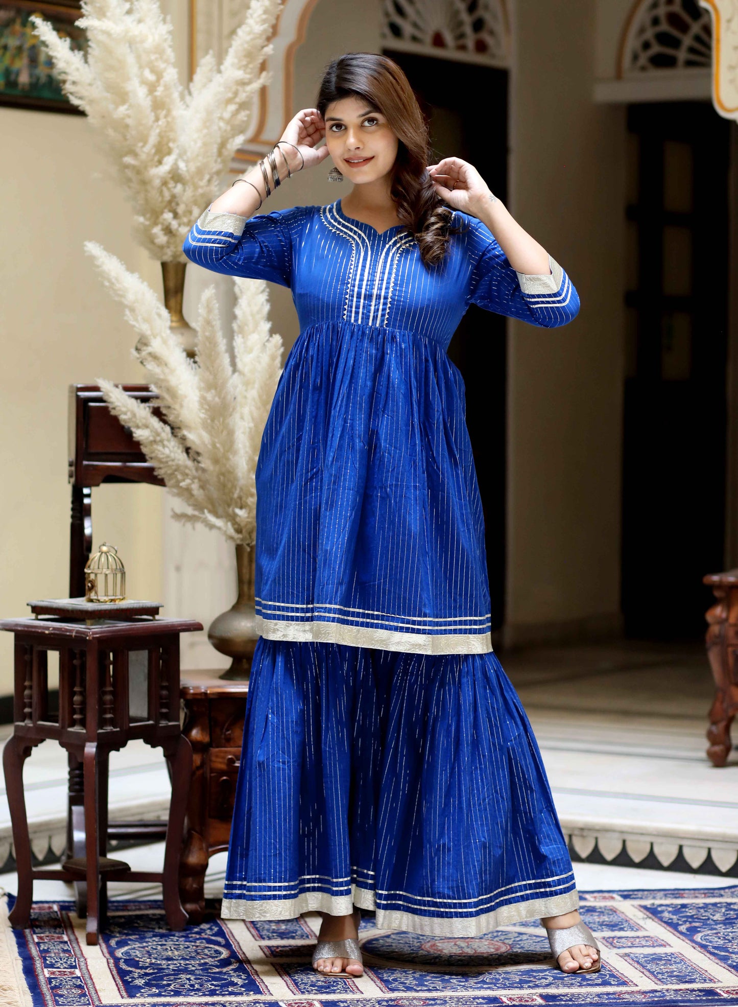 Women's Blue Printed Lurex Cotton A-Line Kurti With Sharara - Miravan