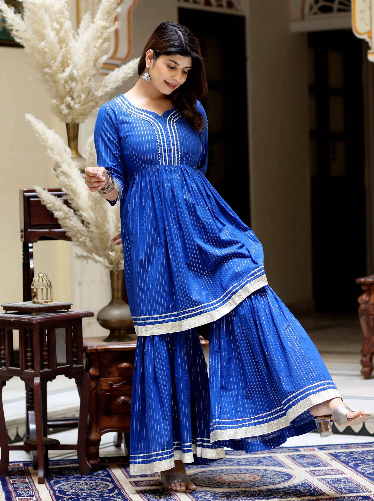 Women's Blue Printed Lurex Cotton A-Line Kurti With Sharara - Miravan