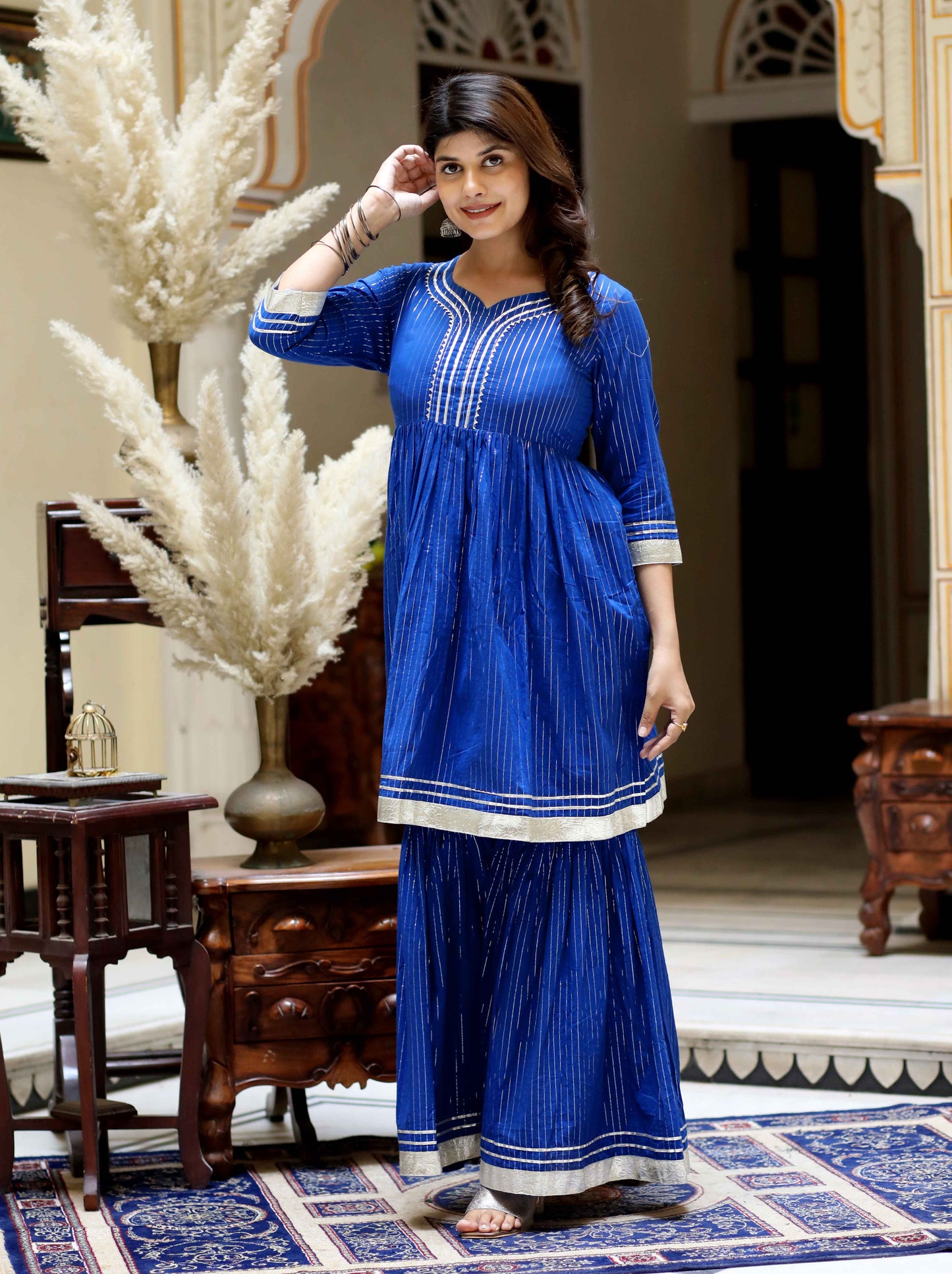 Women's Blue Printed Lurex Cotton A-Line Kurti With Sharara - Miravan