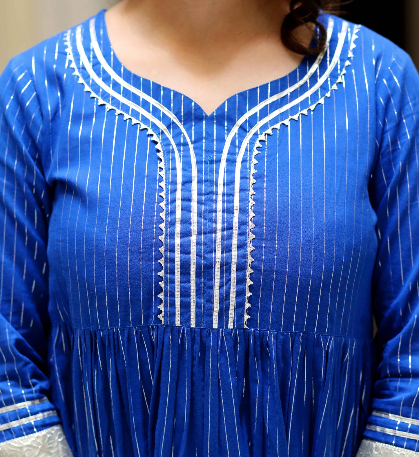 Women's Blue Printed Lurex Cotton A-Line Kurti With Sharara - Miravan