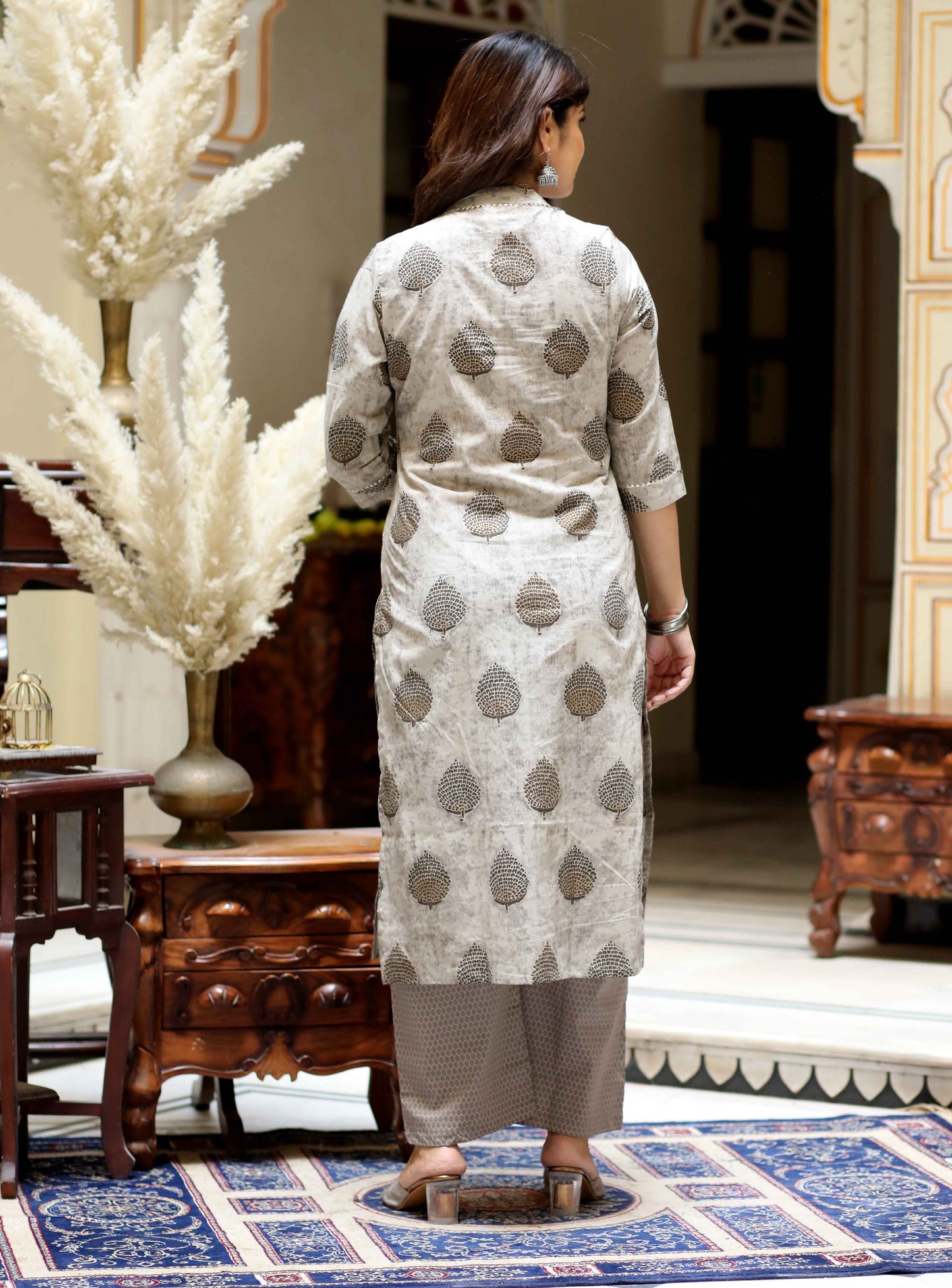 Women's Beige Pure Cotton Printed Straight Kurta And Palazzo - Miravan