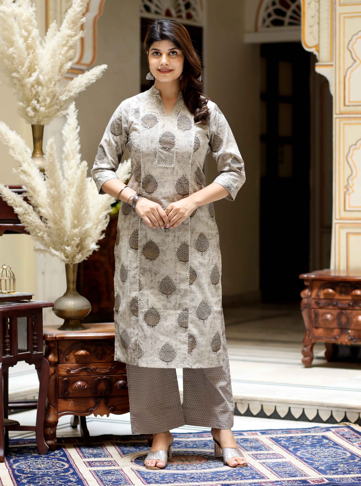 Women's Beige Pure Cotton Printed Straight Kurta And Palazzo - Miravan