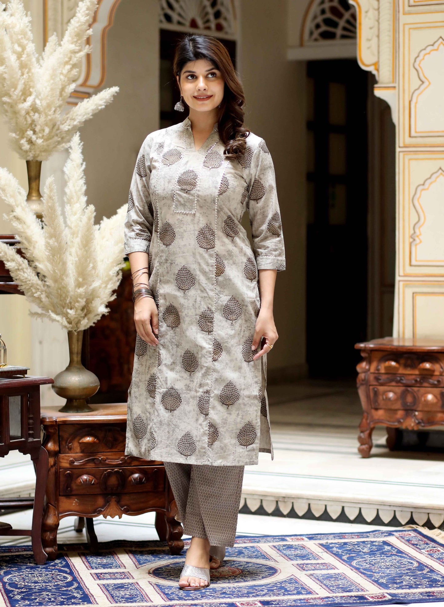 Women's Beige Pure Cotton Printed Straight Kurta And Palazzo - Miravan
