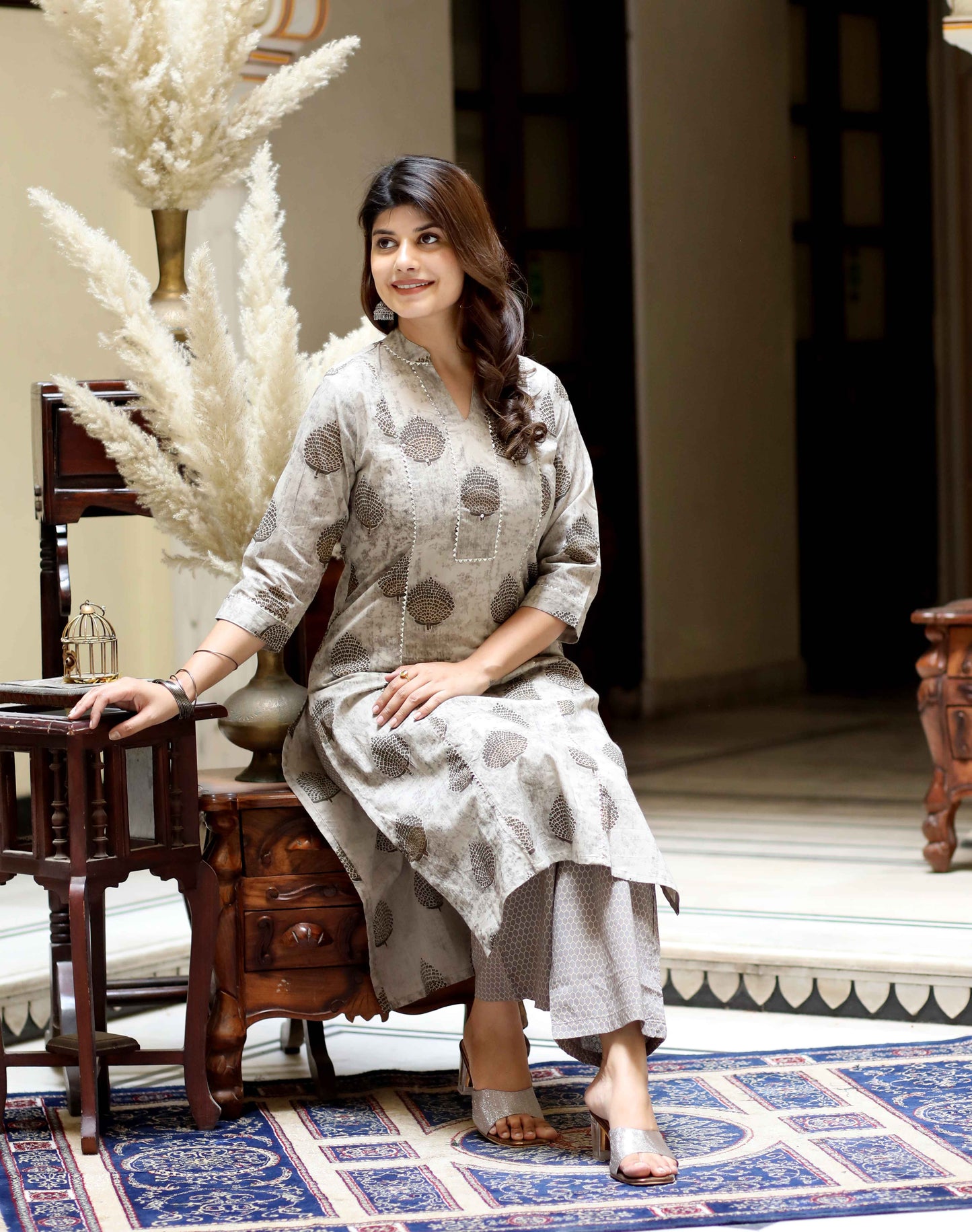 Women's Beige Pure Cotton Printed Straight Kurta And Palazzo - Miravan