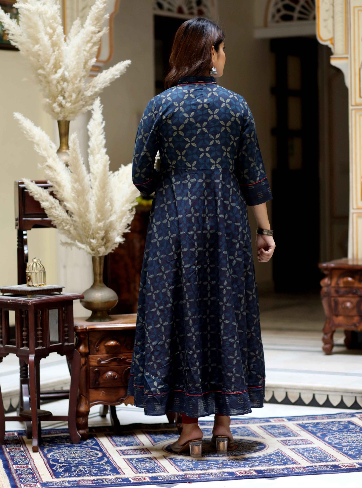 Women's Blue Abstract Print Ankle Length Angrakha Style Kurta - Miravan