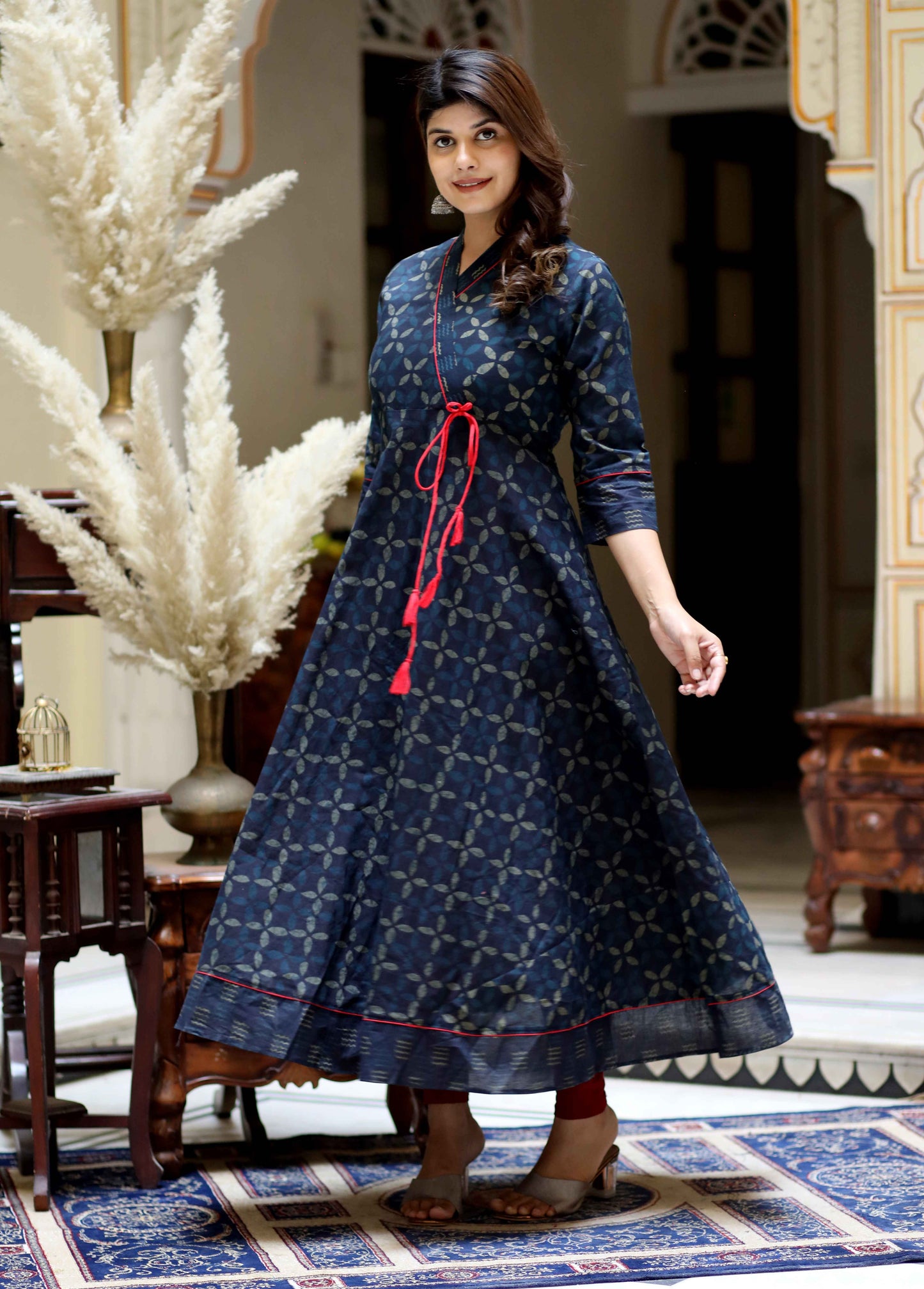 Women's Blue Abstract Print Ankle Length Angrakha Style Kurta - Miravan