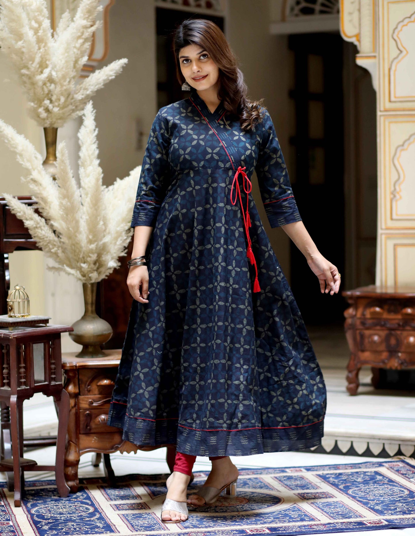 Women's Blue Abstract Print Ankle Length Angrakha Style Kurta - Miravan